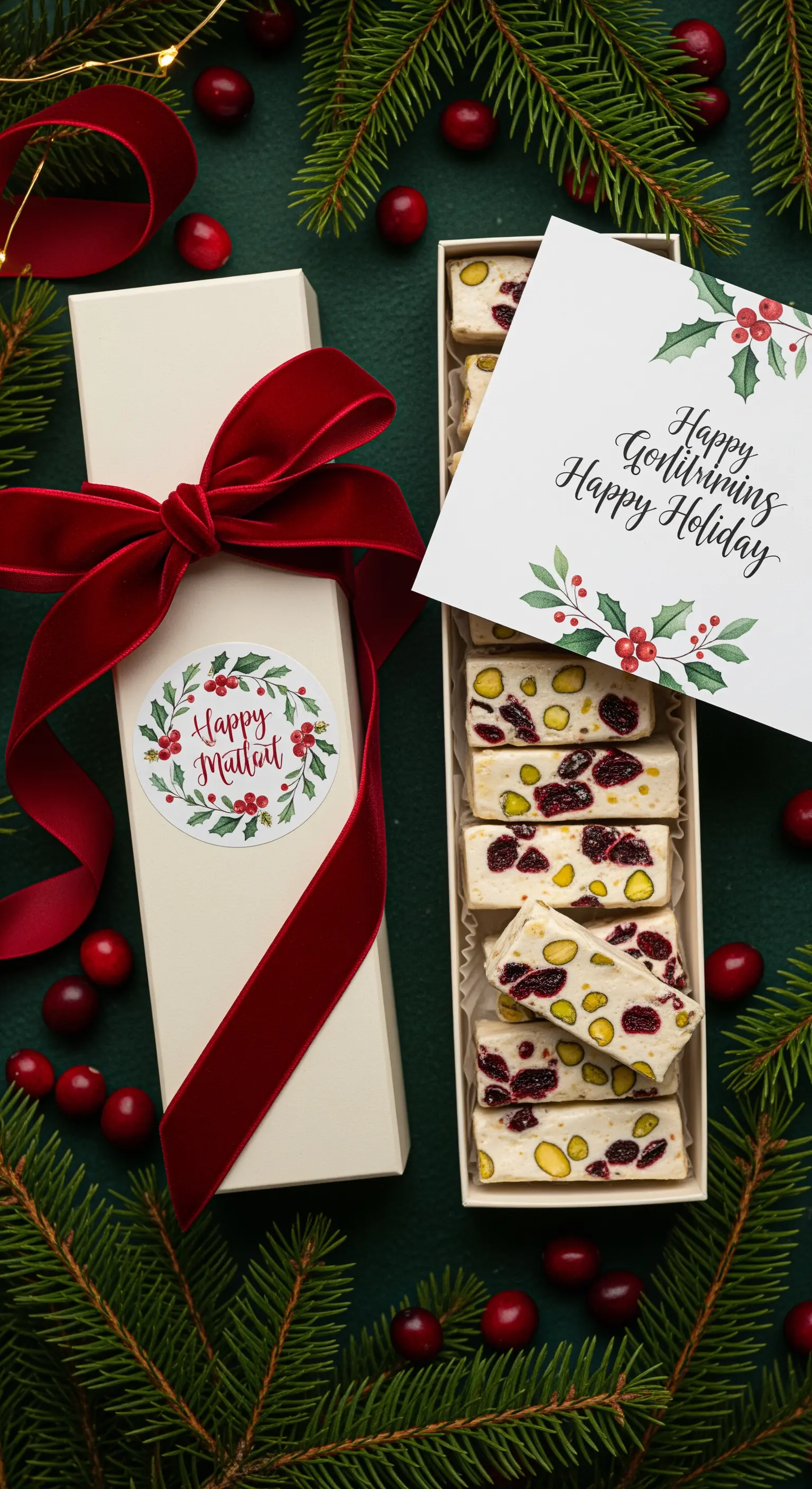 Torrone artigianale in una scatola color crema chiusa da un nastro di velluto rosso.