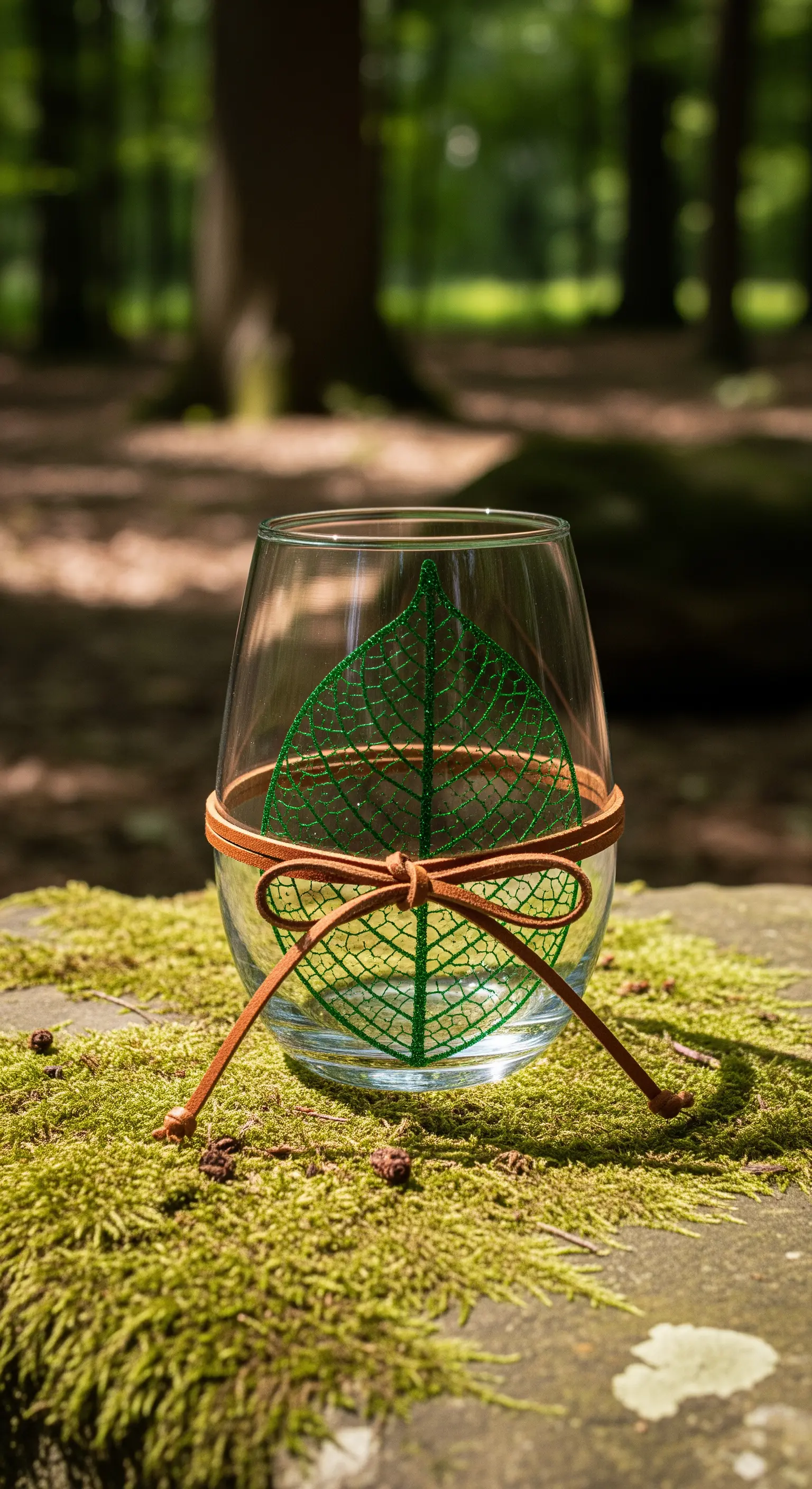 Bicchiere senza stelo decorato con una foglia scheletrata verde e un laccio di cuoio.