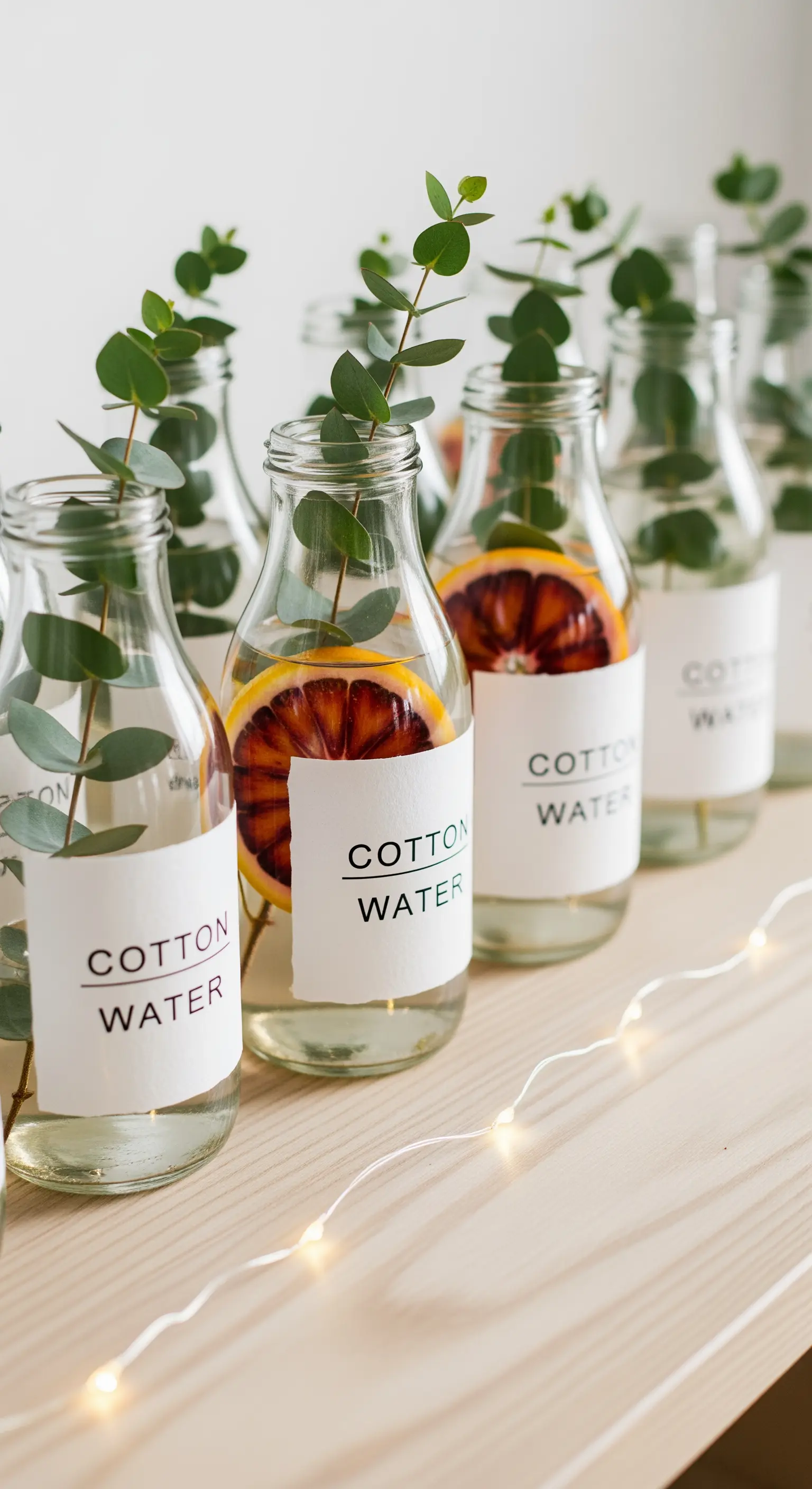 Bottigliette di vetro con acqua, rametti di eucalipto, una fetta di arancia rossa ed etichette minimal.