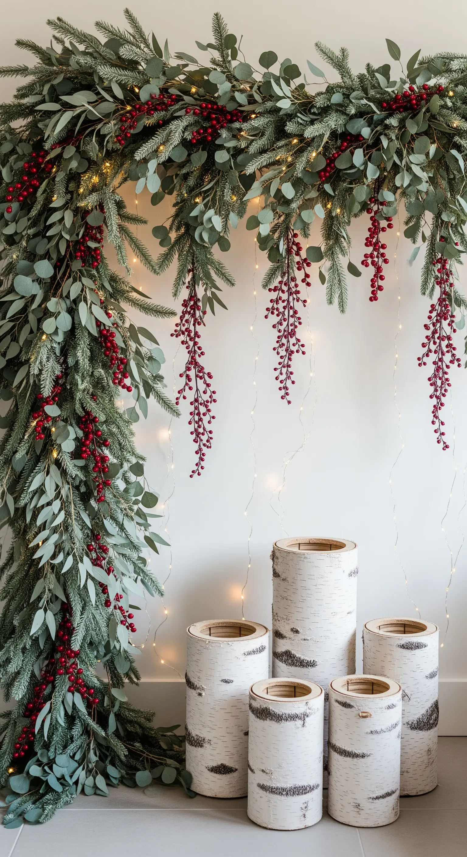 Ghirlanda asimmetrica di eucalipto e abete con bacche rosse, abbinata a portacandele in corteccia di betulla
