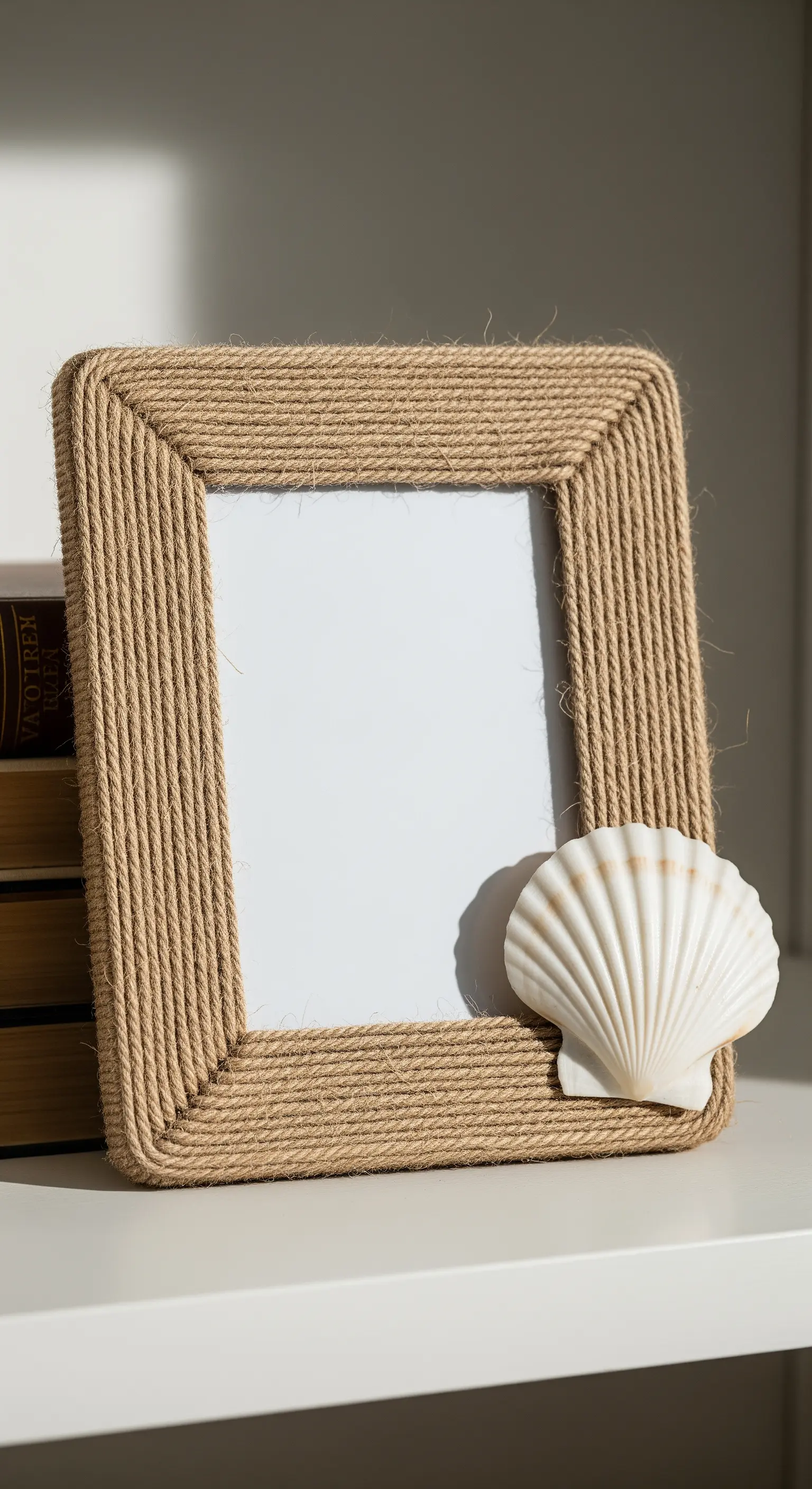 Cornice interamente ricoperta di corda di iuta, con una conchiglia bianca applicata sull'angolo inferiore.