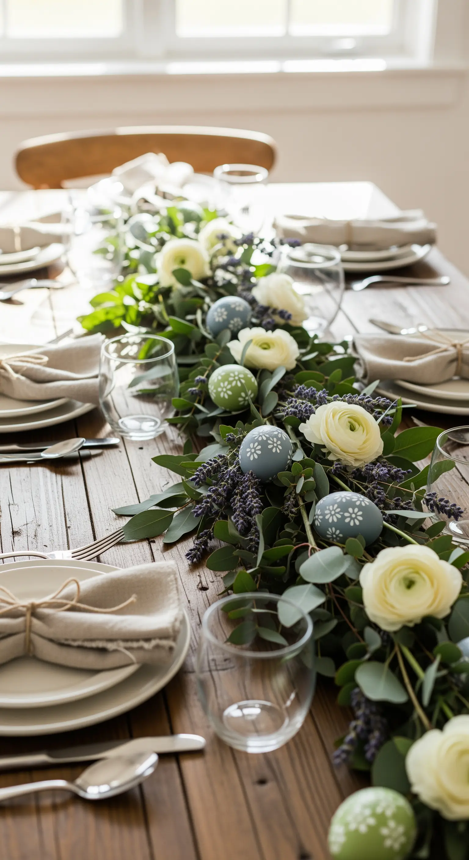 Tavola di Pasqua rustica con runner di eucalipto, lavanda e uova azzurre dipinte a mano.