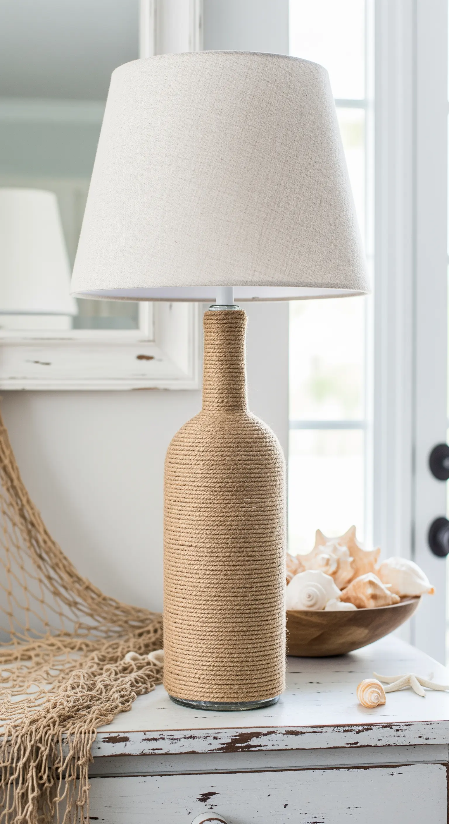 Base di una lampada da tavolo realizzata avvolgendo una bottiglia di vino con corda di iuta.