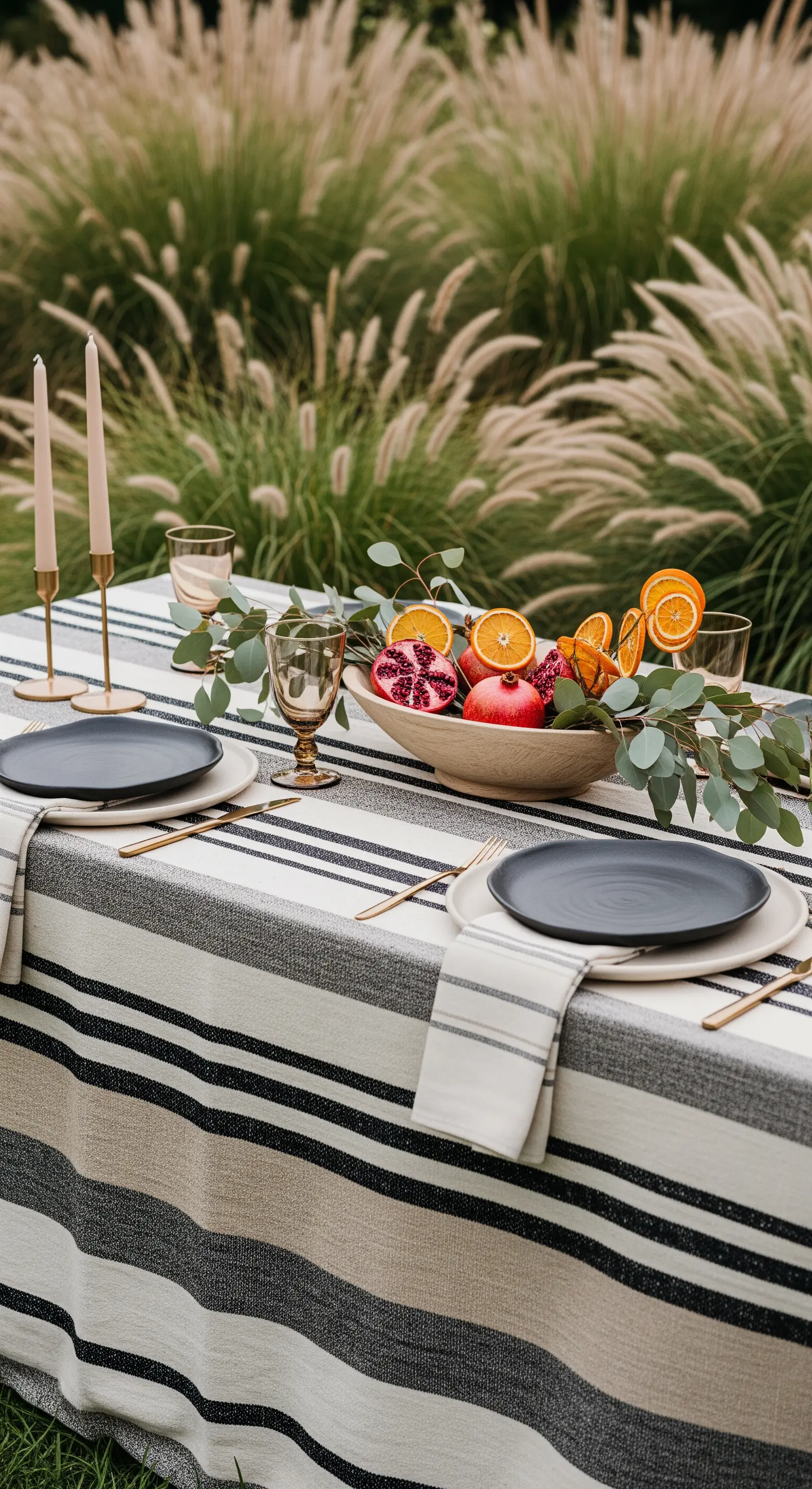 Tavola elegante con tovaglia a righe neutre e un centrotavola di frutta e rami di eucalipto.