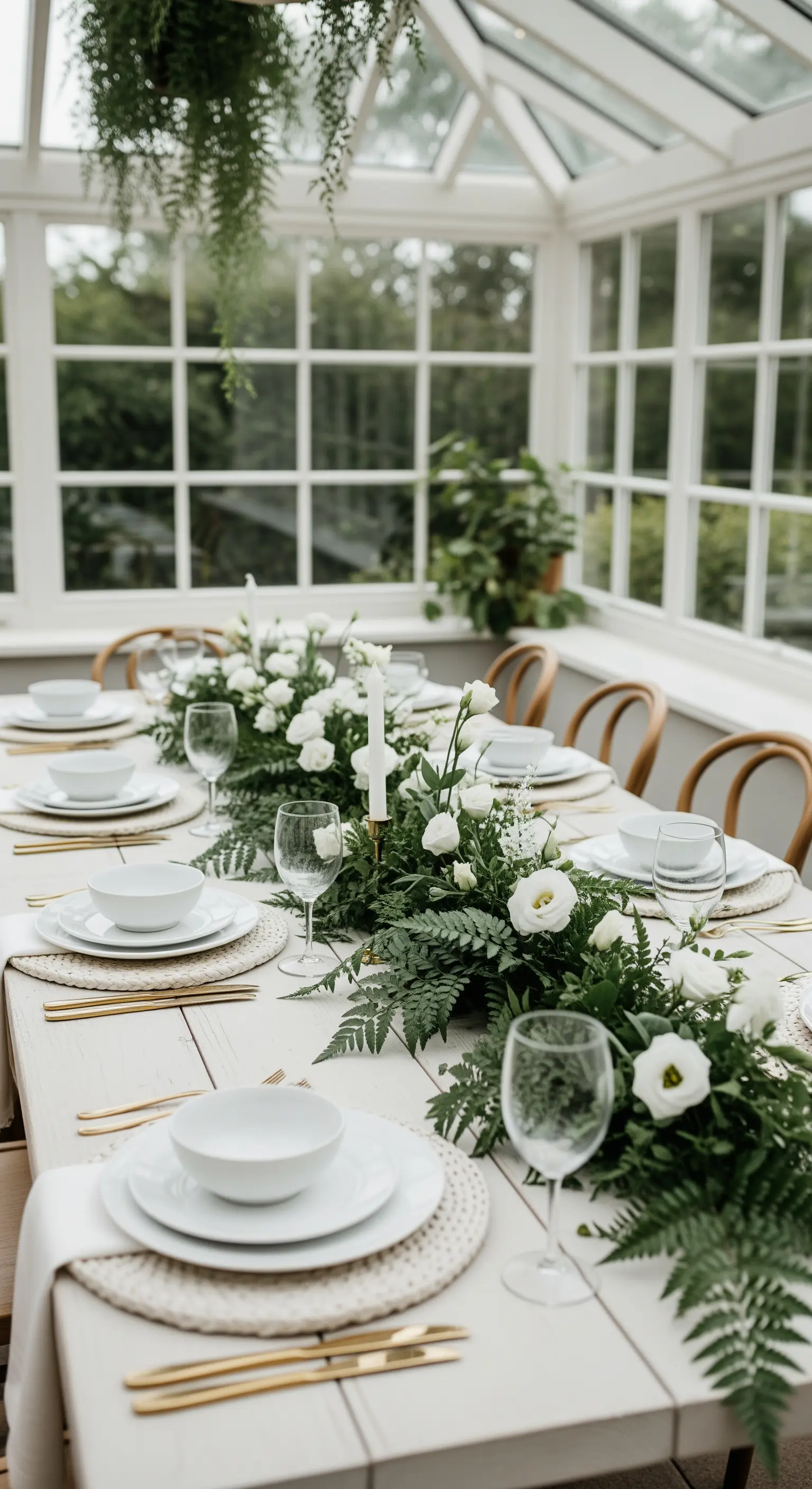Tavola allestita in una veranda luminosa, con runner di felce e fiori bianchi.
