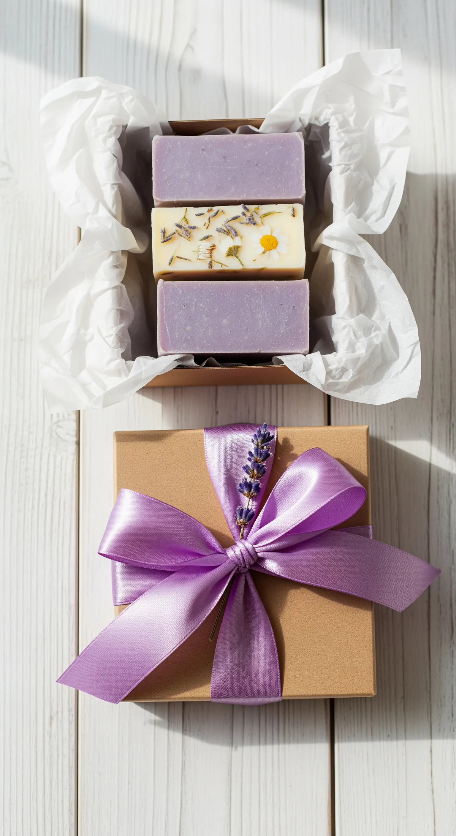 Scatola regalo con saponi alla lavanda e un fiocco di raso viola.
