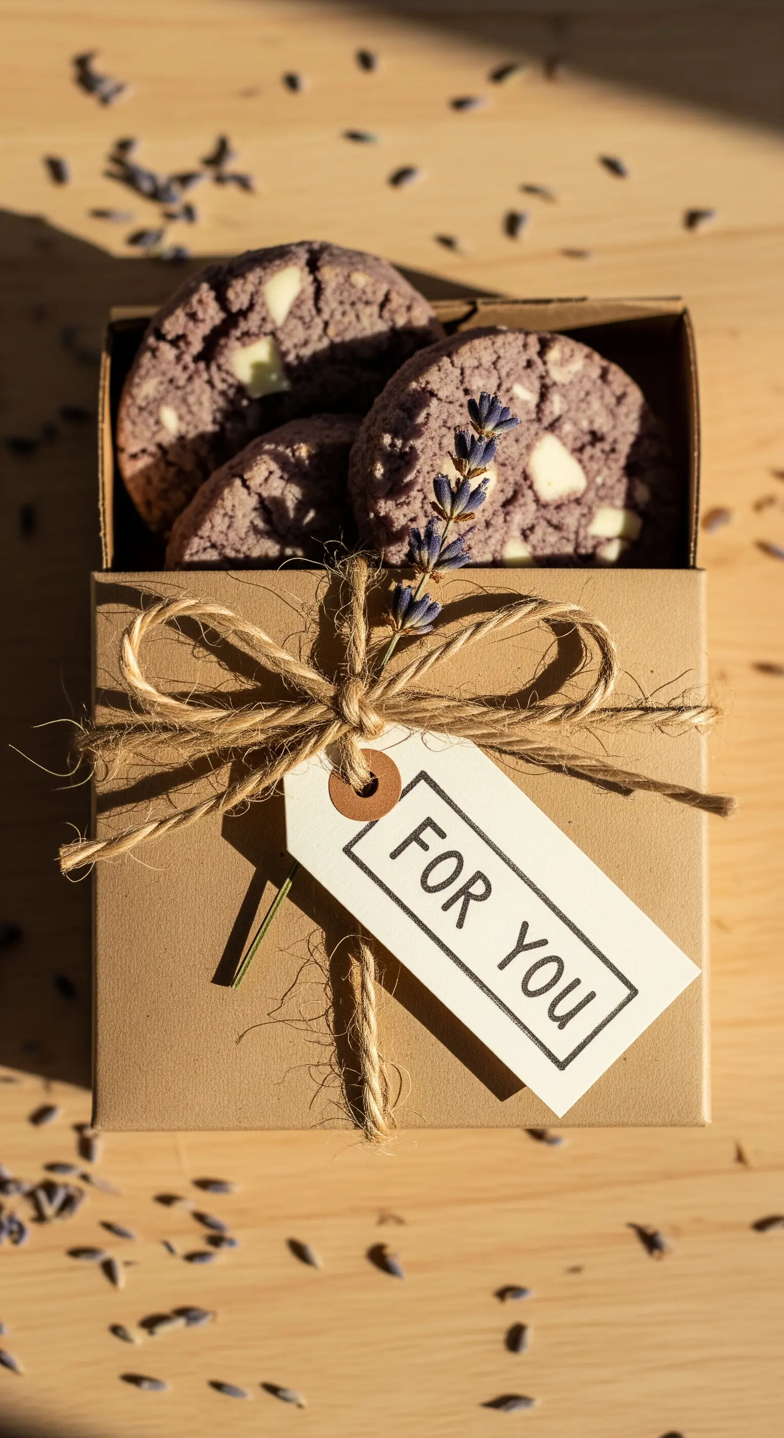 Scatola kraft con biscotti fatti in casa, chiusa con spago e un rametto di lavanda.