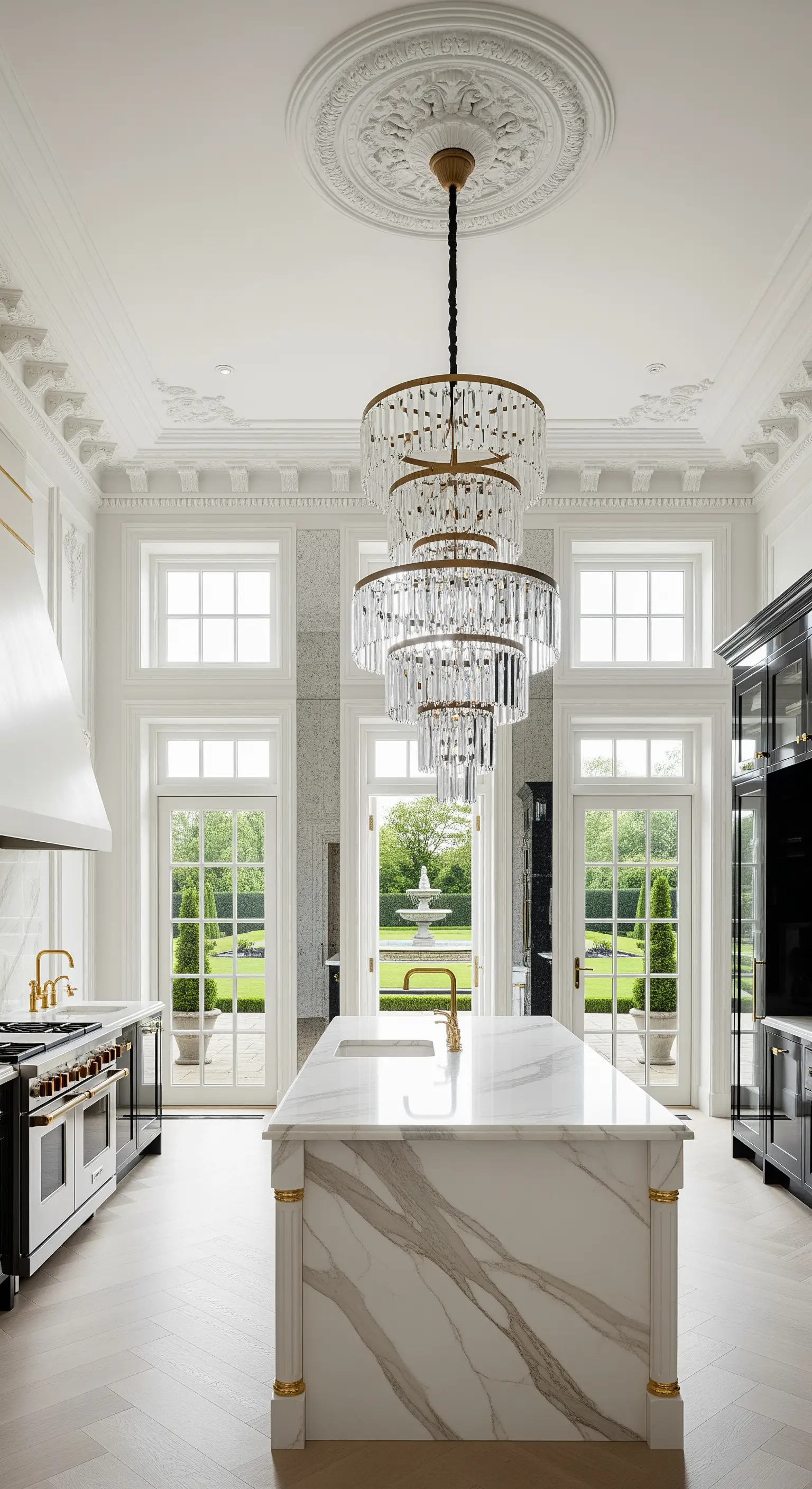 Cucina neoclassica bianca e nera con isola in marmo e lampadario a cascata di cristalli