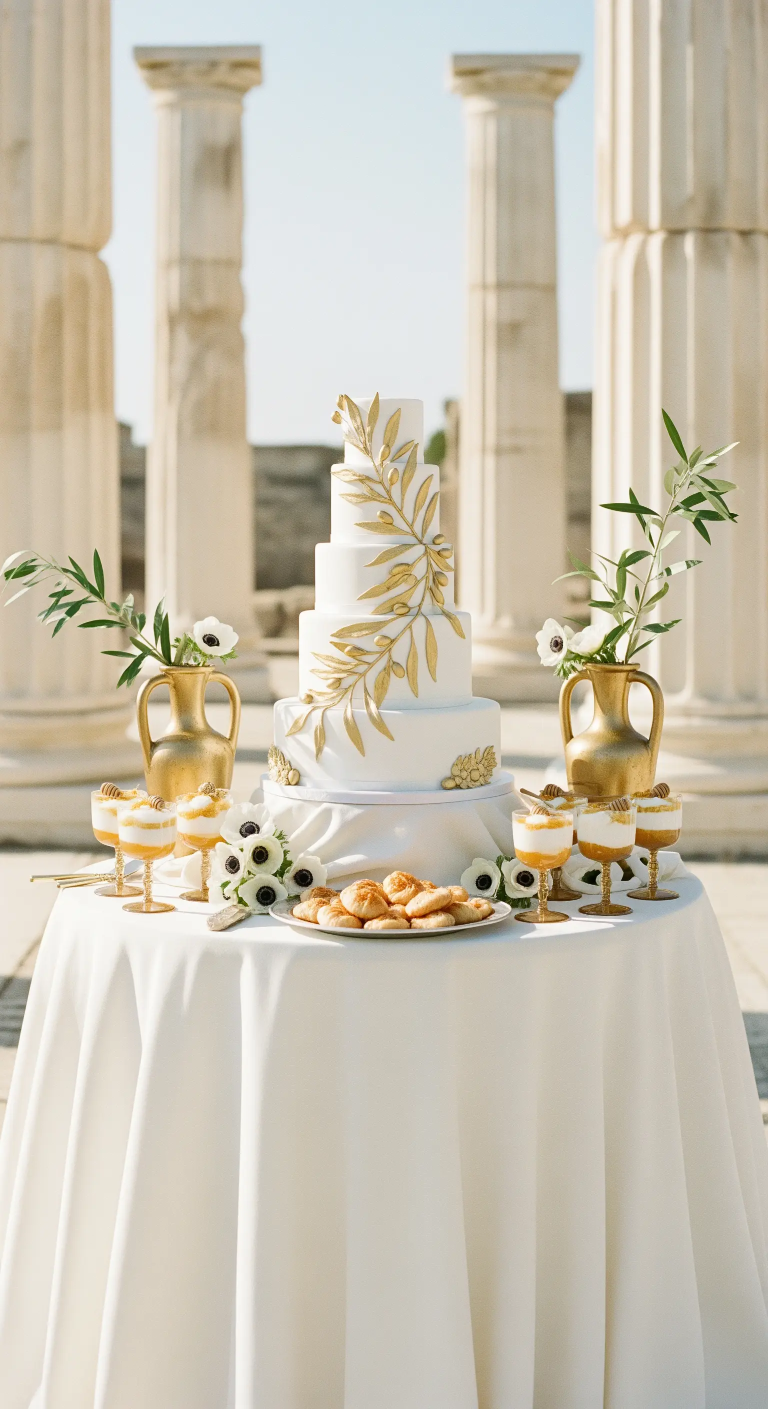 Torta nuziale bianca e oro con rami d'ulivo, allestita all'aperto tra colonne antiche.