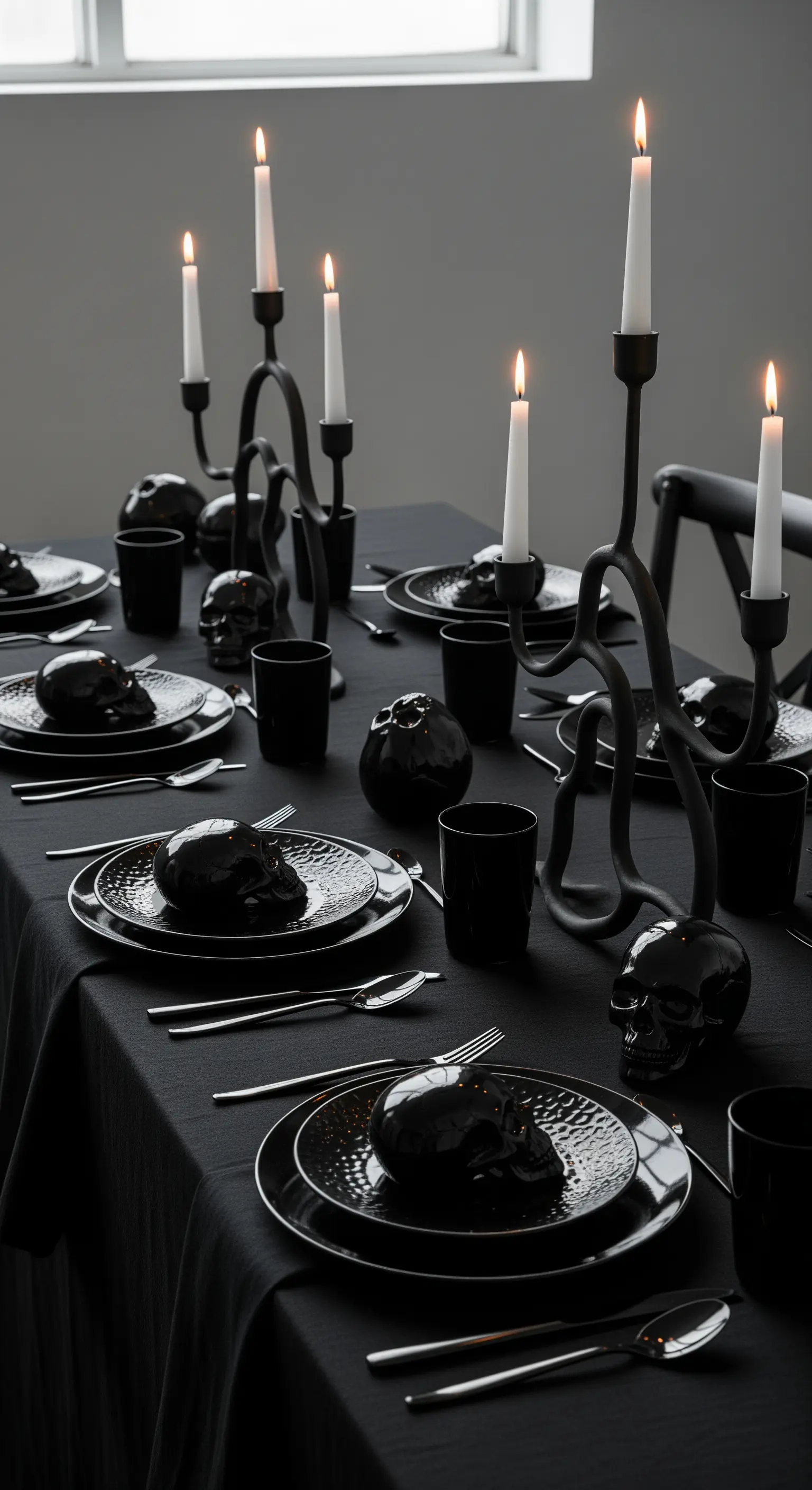 Allestimento total black per Halloween con teschi laccati e candelabri minimalisti.