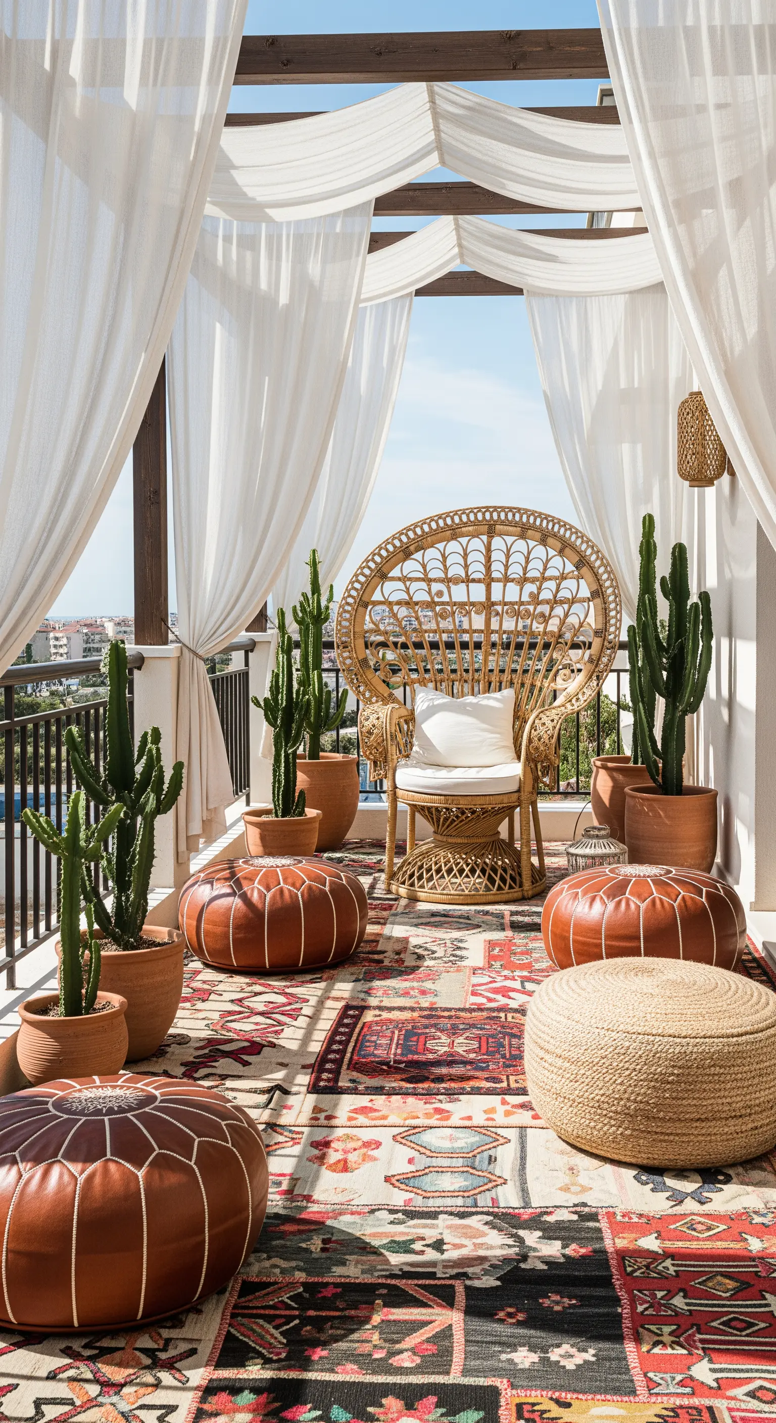Terrazza boho-chic con sedia Emmanuelle, tende bianche, pouf in pelle e tappeti etnici.