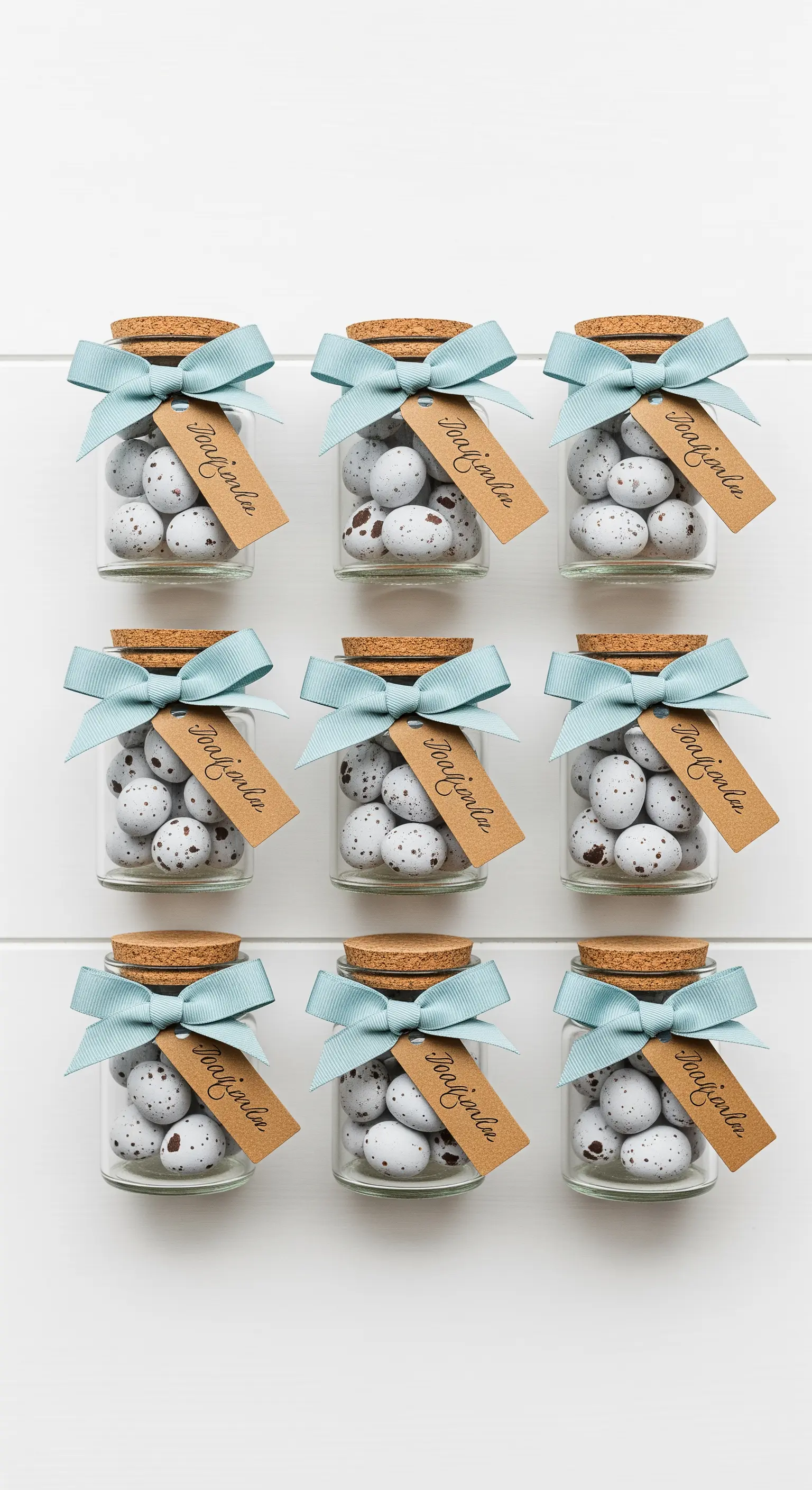 Vasetti in vetro con ovetti di quaglia, fiocco azzurro e tag personalizzato.