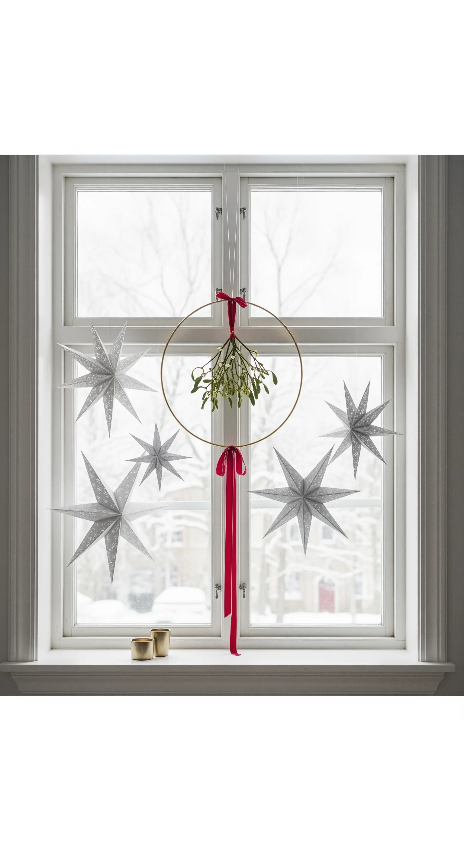 Decorazione minimalista per finestra con cerchio dorato, vischio e stelle di carta argentate.