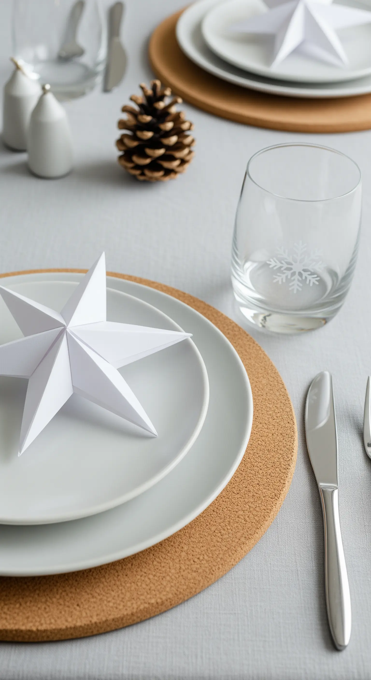 Tavola invernale in stile scandinavo con tovaglietta in sughero e stella di carta