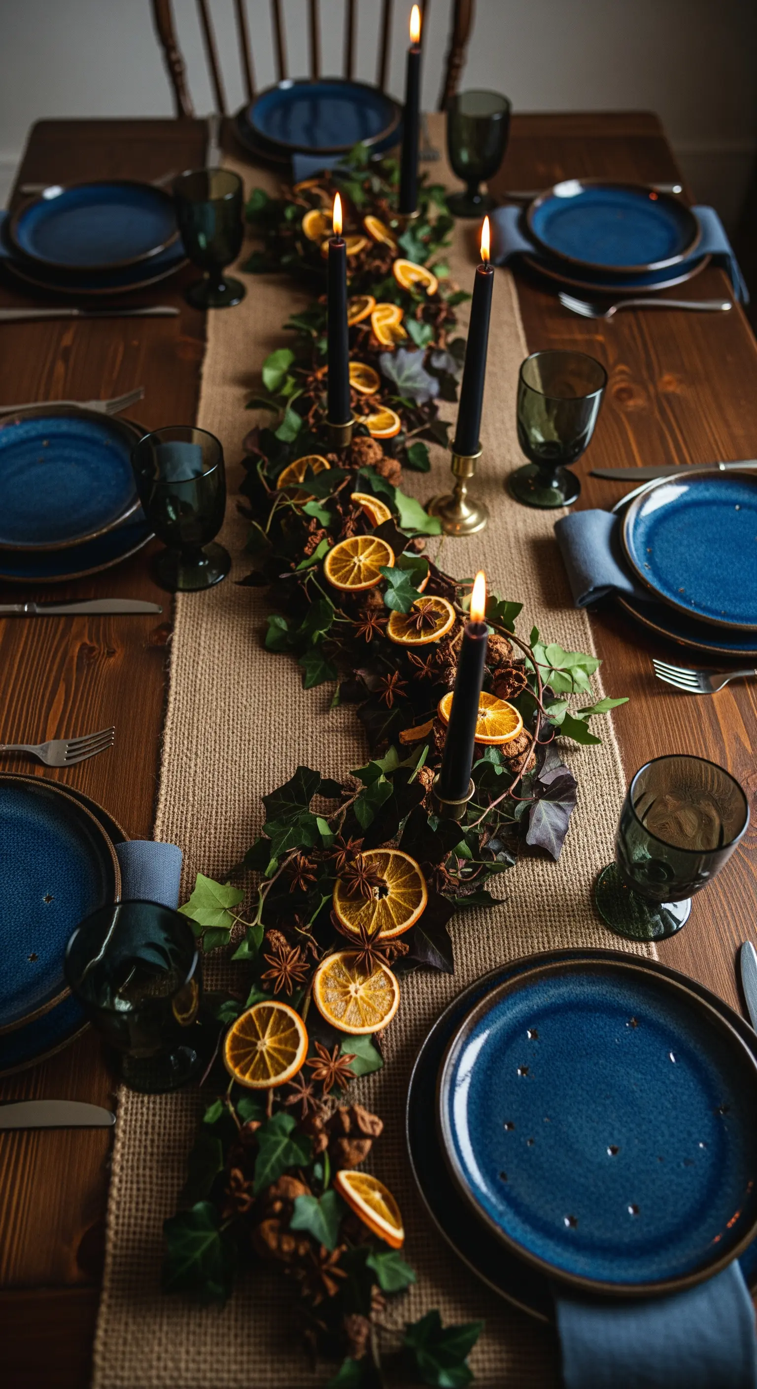 Tavola natalizia scura con piatti blu notte, candele nere e runner di edera e arance