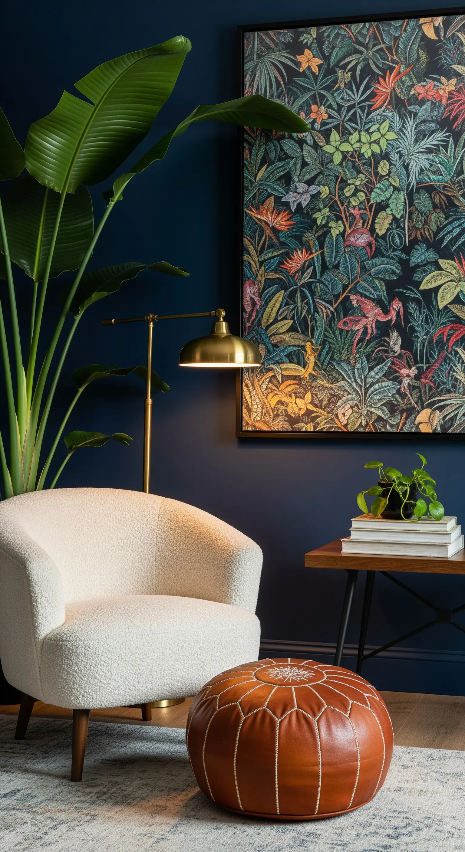 Poltrona in bouclé bianco e pouf in pelle davanti a una parete blu scuro con un grande quadro tropicale.