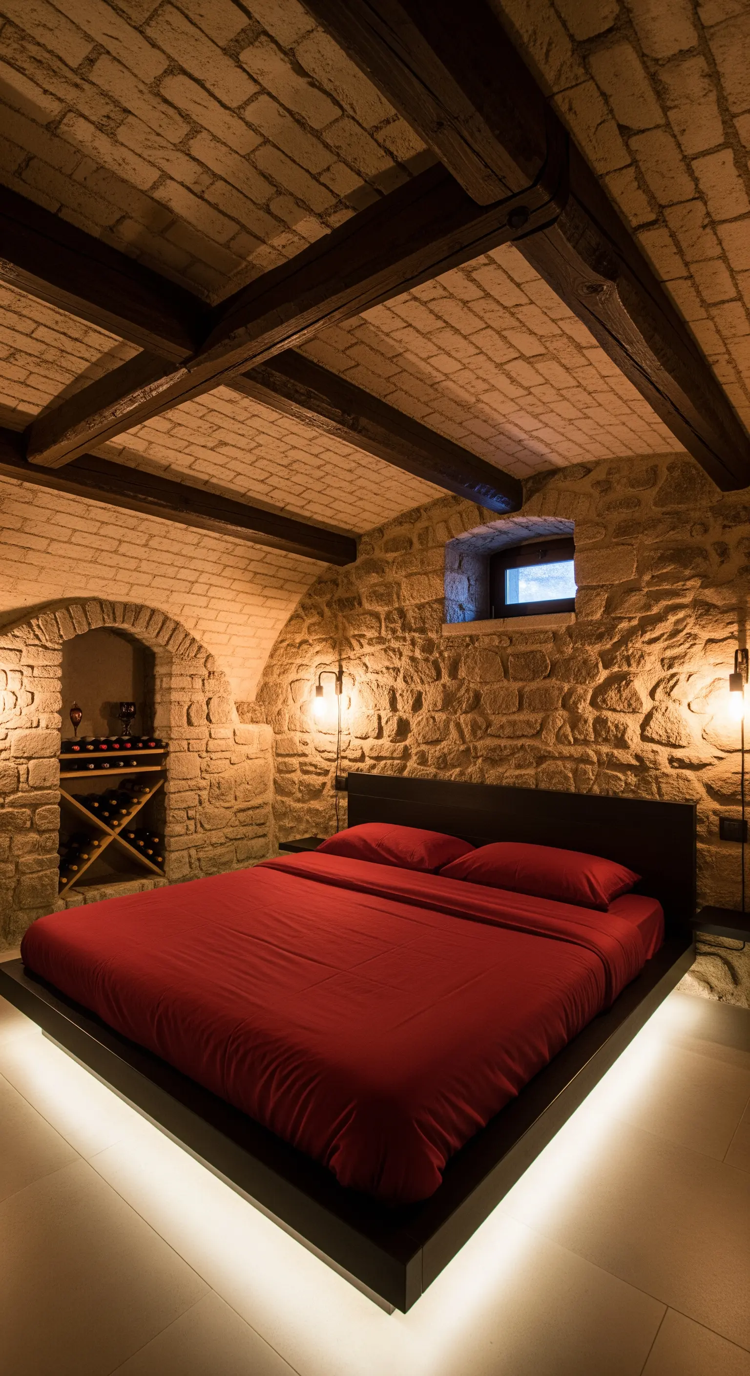 Camera da letto in una cantina in pietra con letto sospeso illuminato da LED e lenzuola rosse.