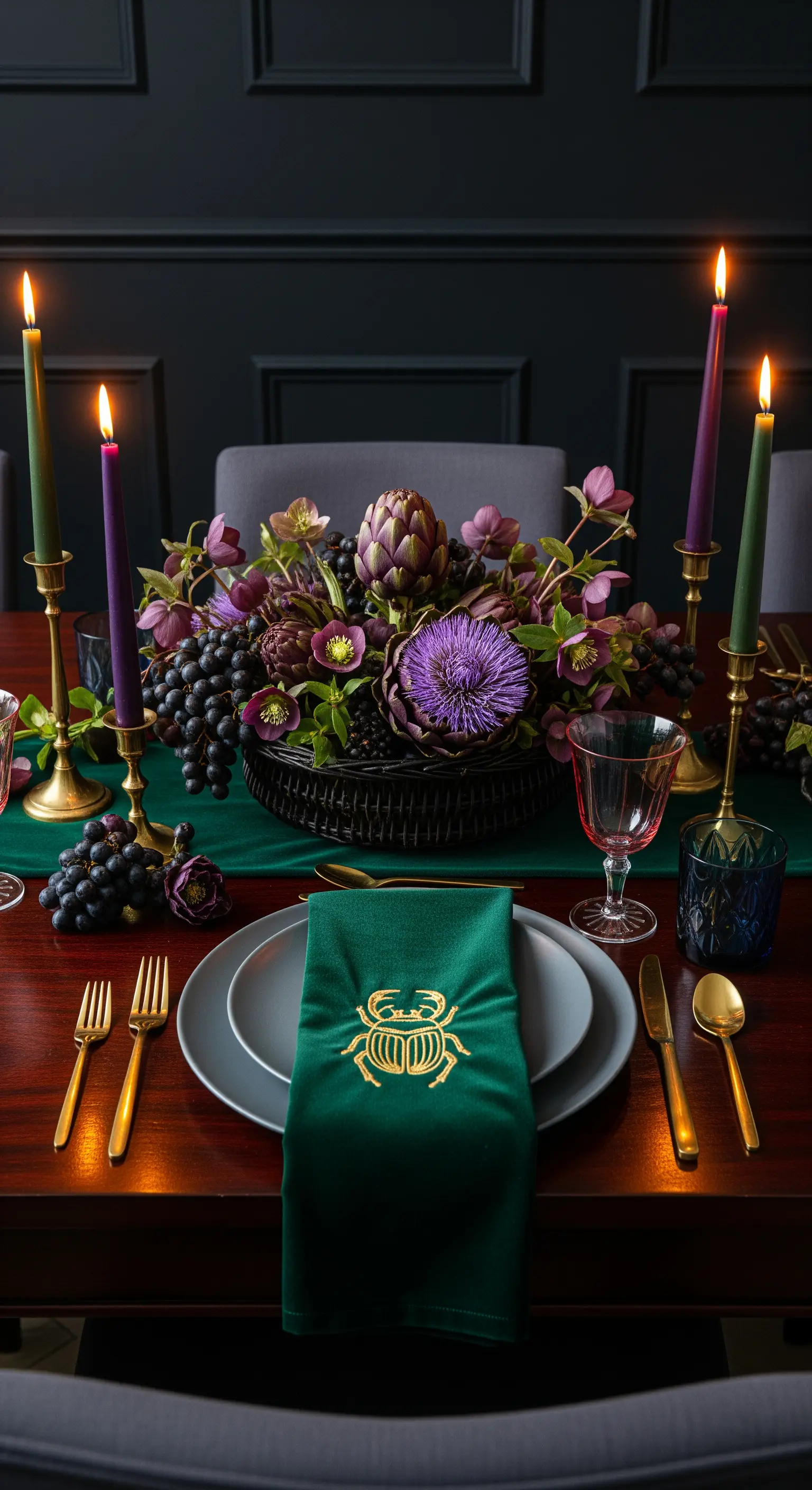 Tavola scura e drammatica con candele, uva, carciofi e posate dorate.