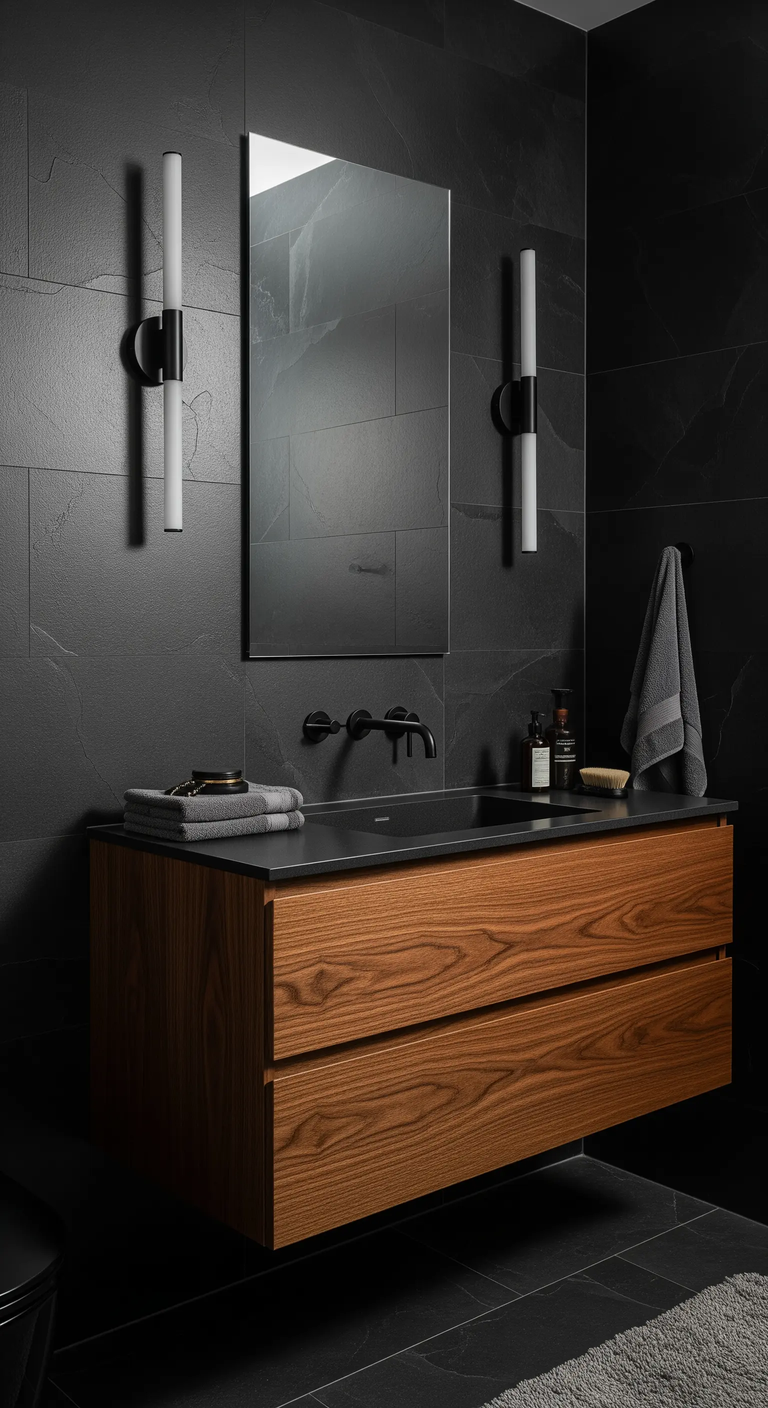 Bagno scuro con pareti nere, mobile lavabo in noce e applique verticali moderne.