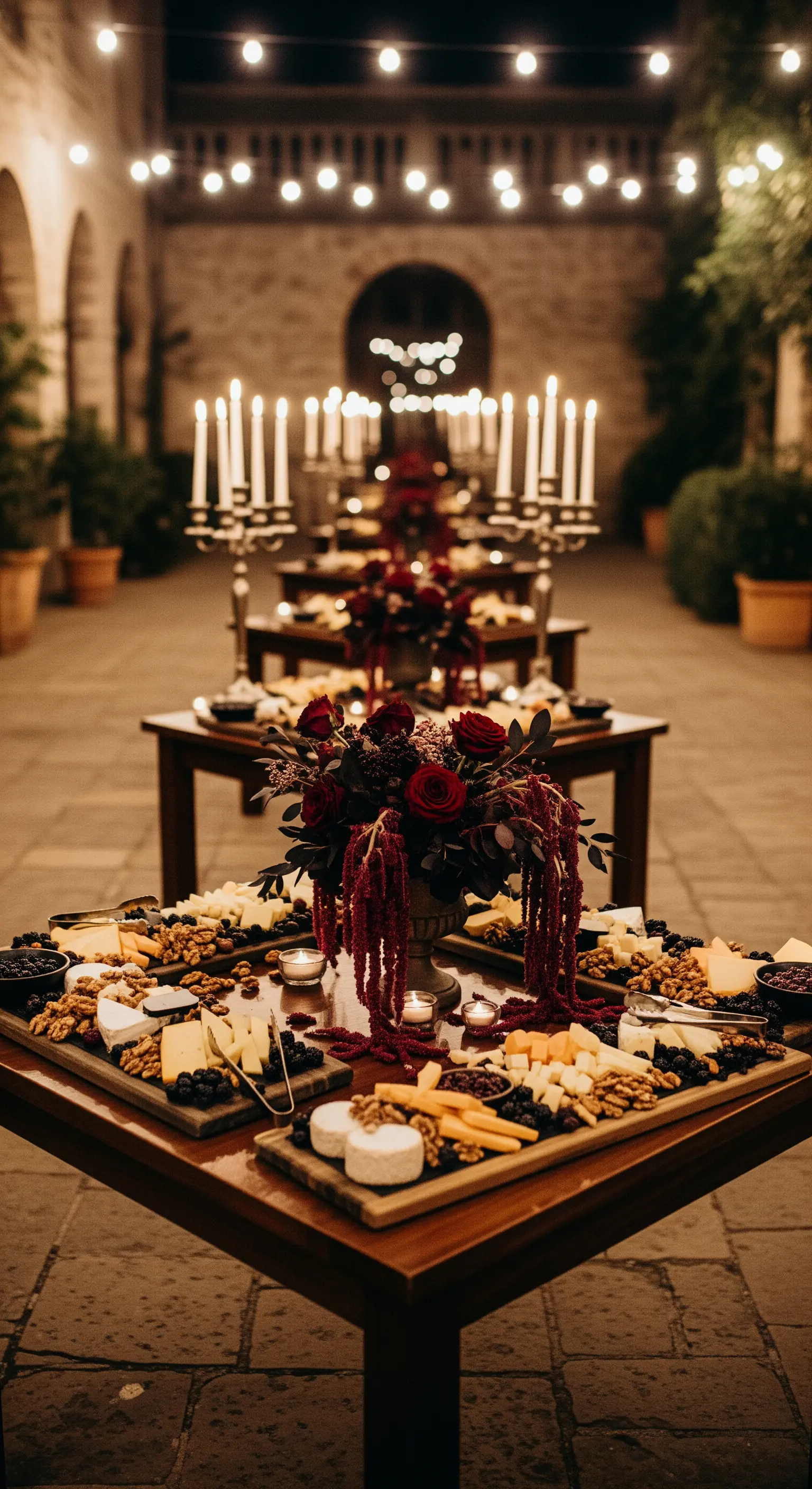 Tavoli da buffet con formaggi, noci e fiori rossi, illuminati da candelabri in una corte.