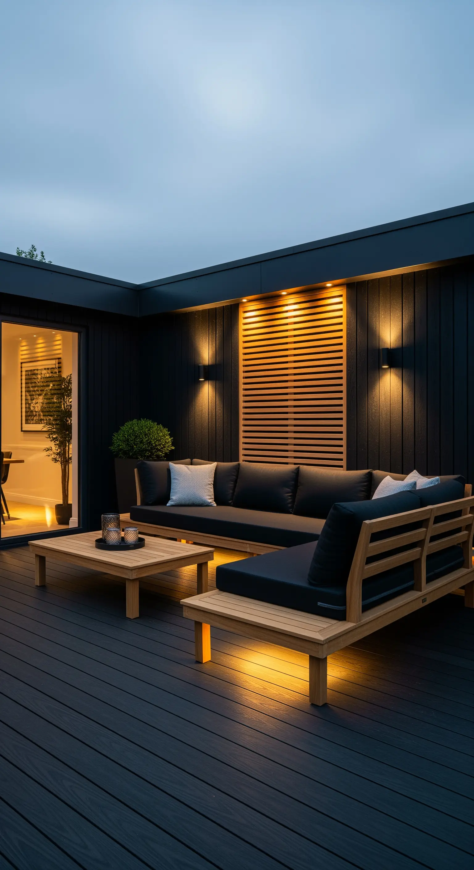 Patio con parete nera, divani in legno chiaro e illuminazione a LED calda.