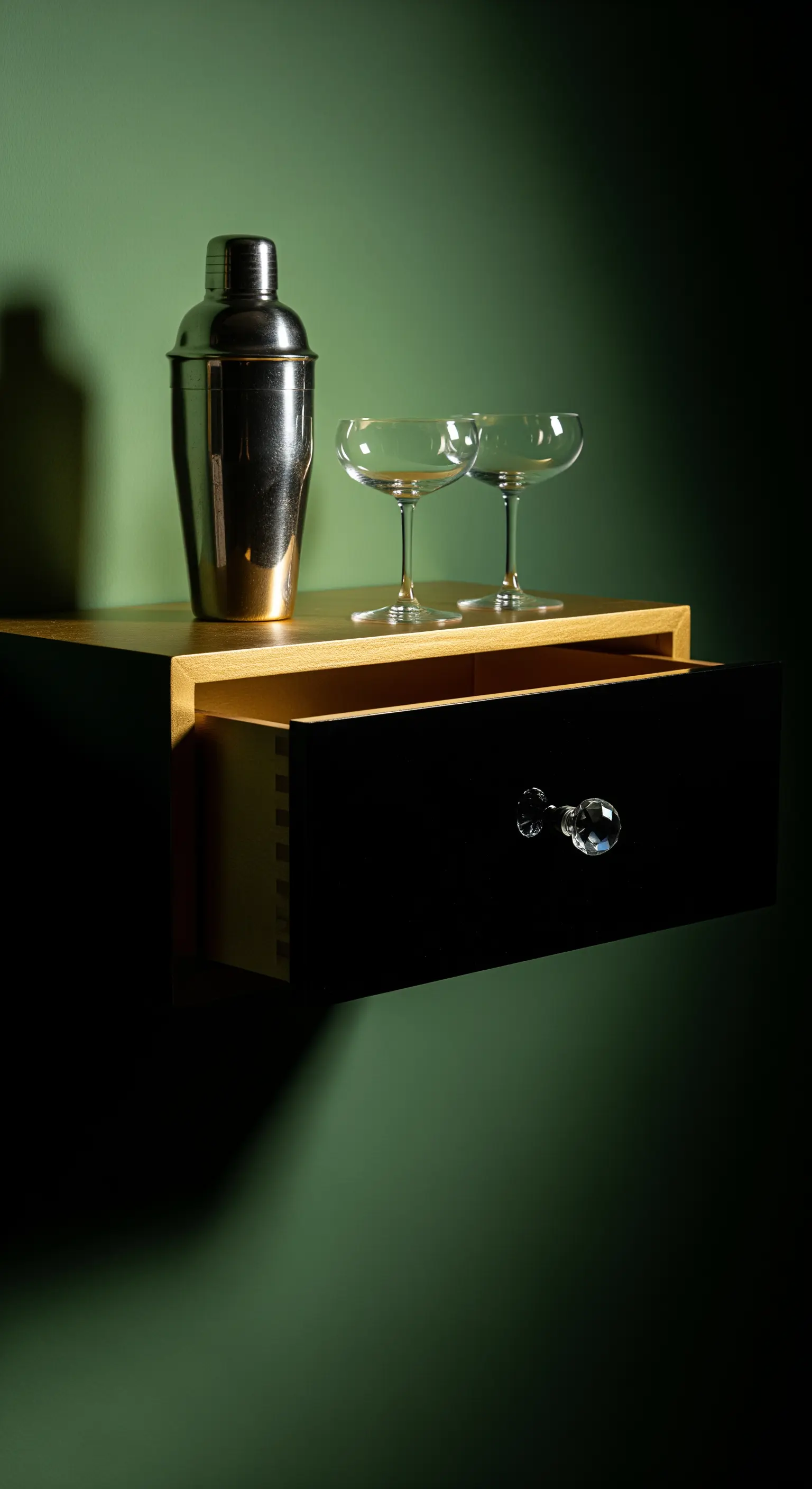 Cassetto nero e legno con pomello in cristallo, allestito come piccolo angolo bar su parete verde.