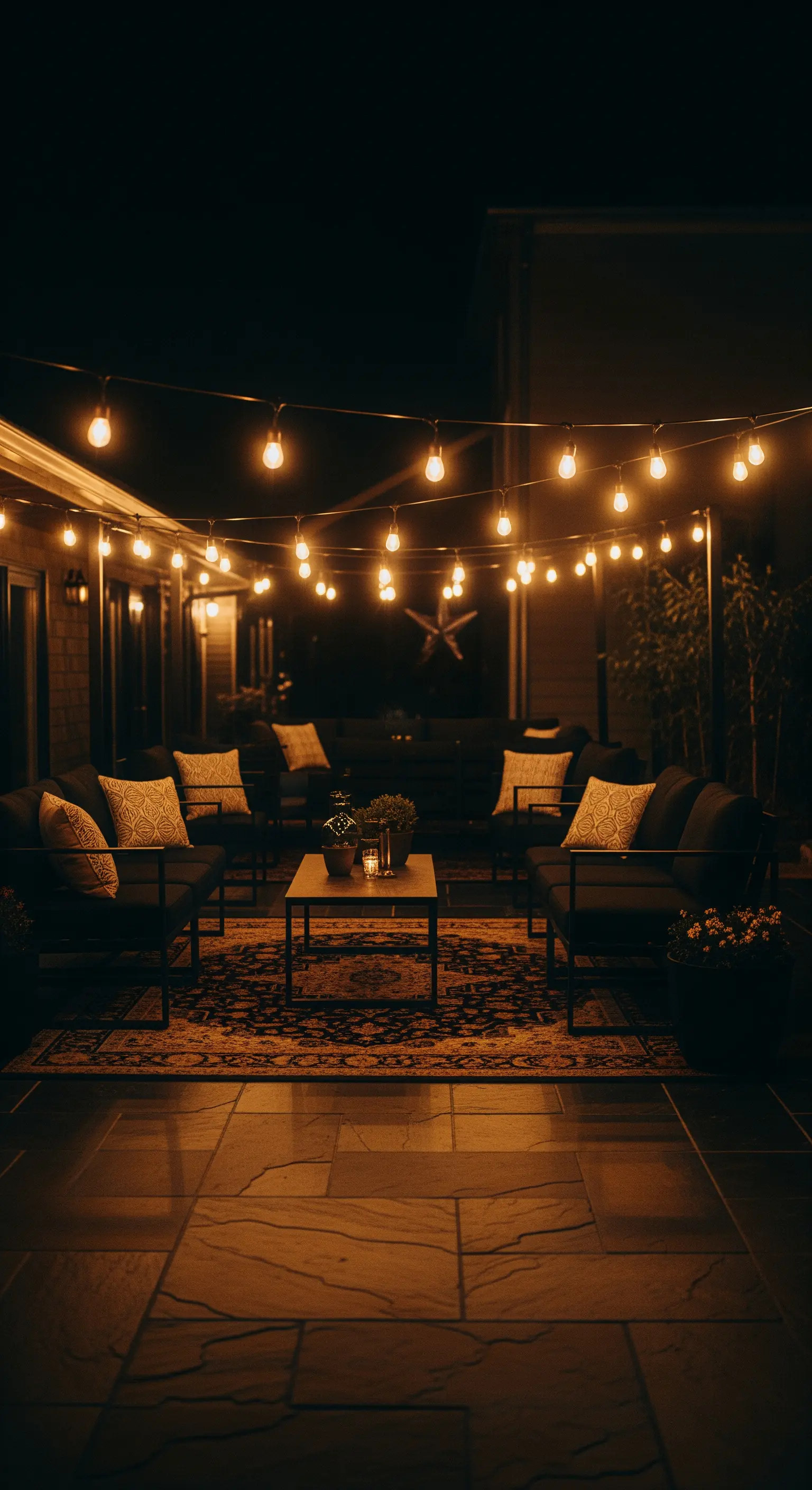 Patio di notte con divani scuri, tappeto persiano e luci a catenaria appese in alto.