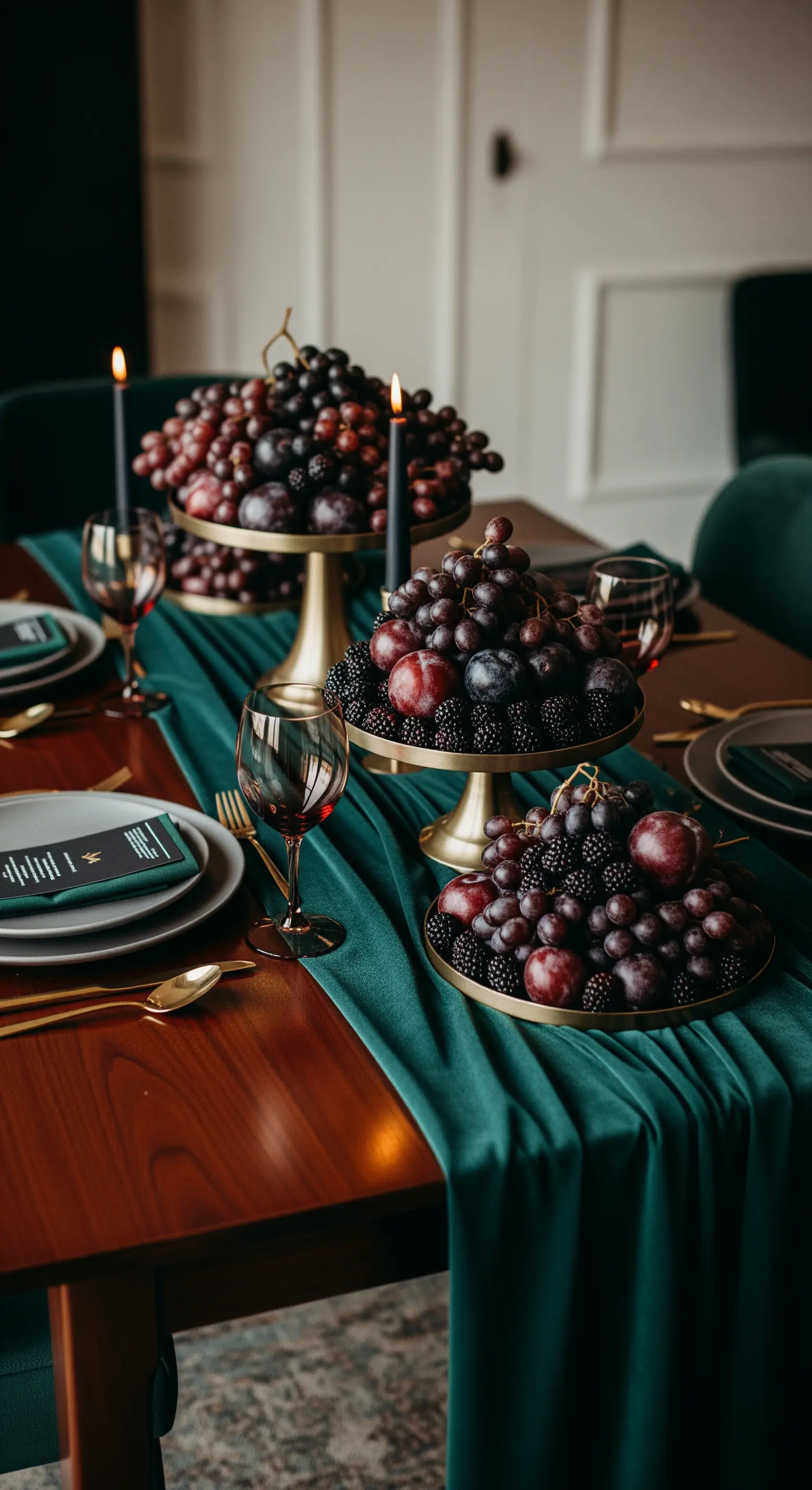 Tavola elegante con runner in velluto verde, uva nera e candele.