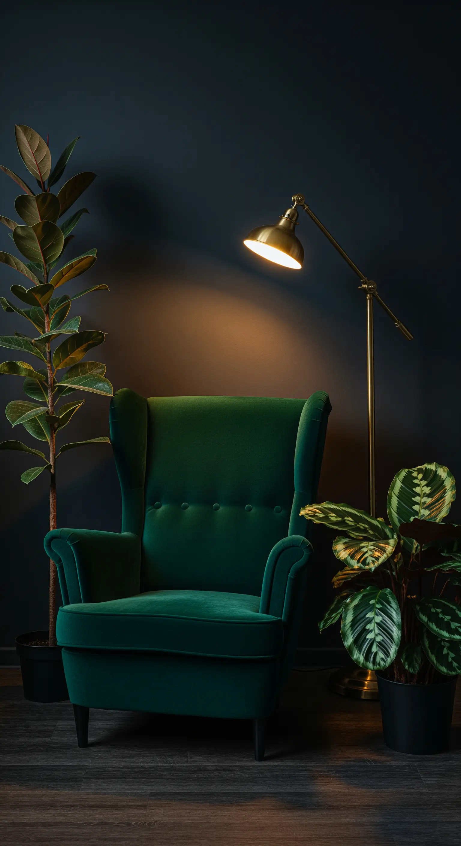 Poltrona in velluto verde contro una parete scura, illuminata da una lampada dorata.