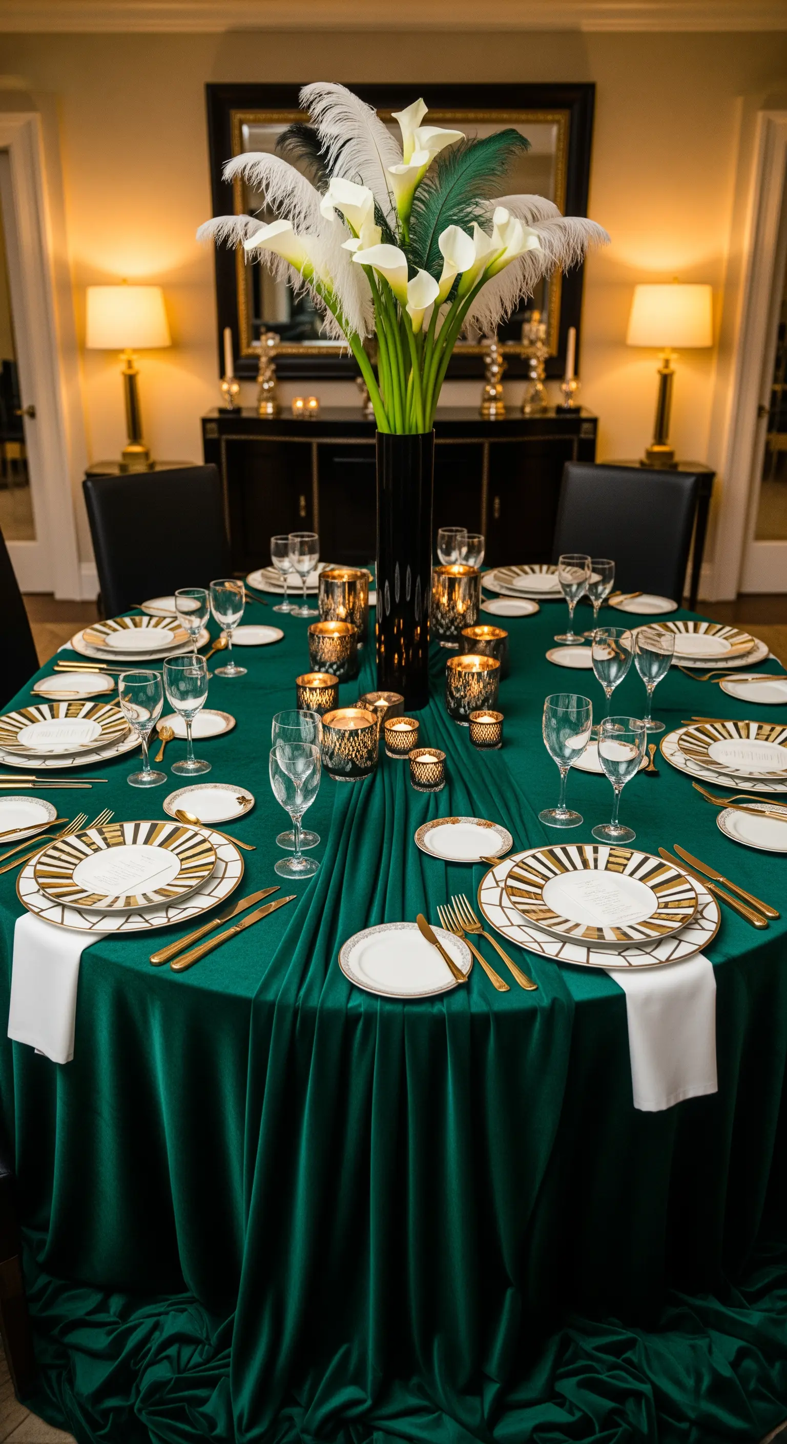 Tavola elegante con tovaglia in velluto verde, piatti con bordo dorato e un vaso di calle bianche.