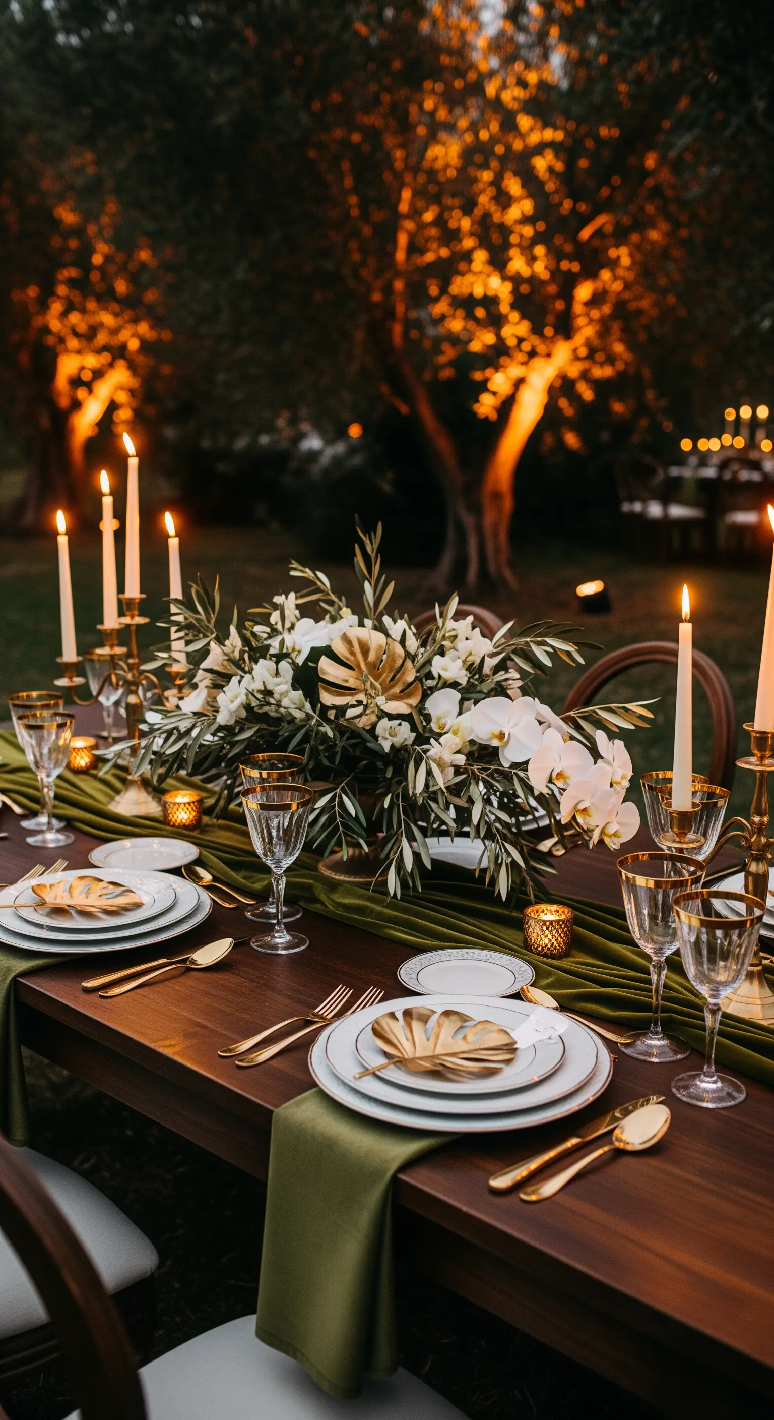 Tavola elegante per la sera con runner verde oliva, dettagli dorati e orchidee bianche.