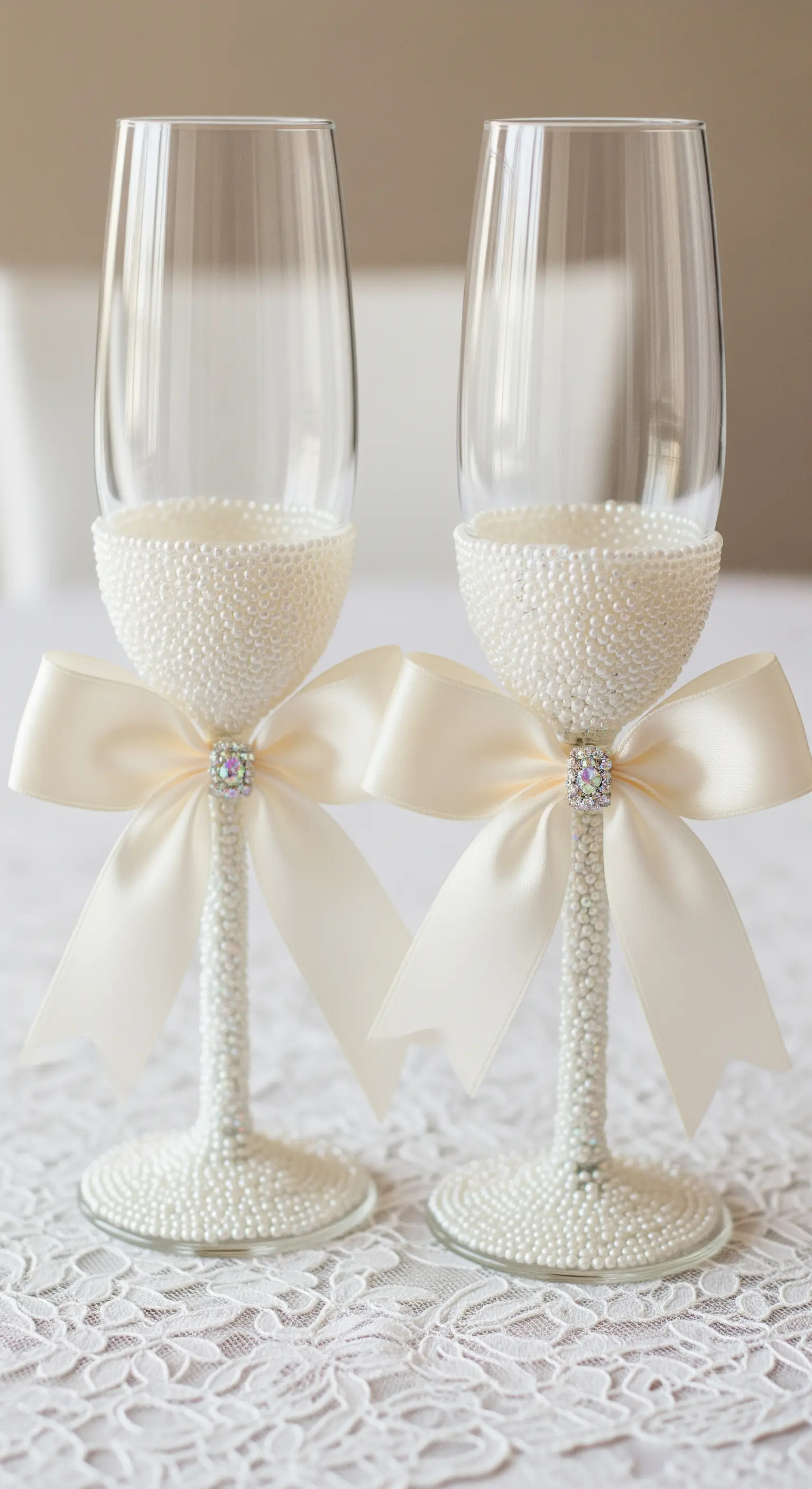 Flûte da champagne decorati con perline bianche e fiocchi di raso avorio.