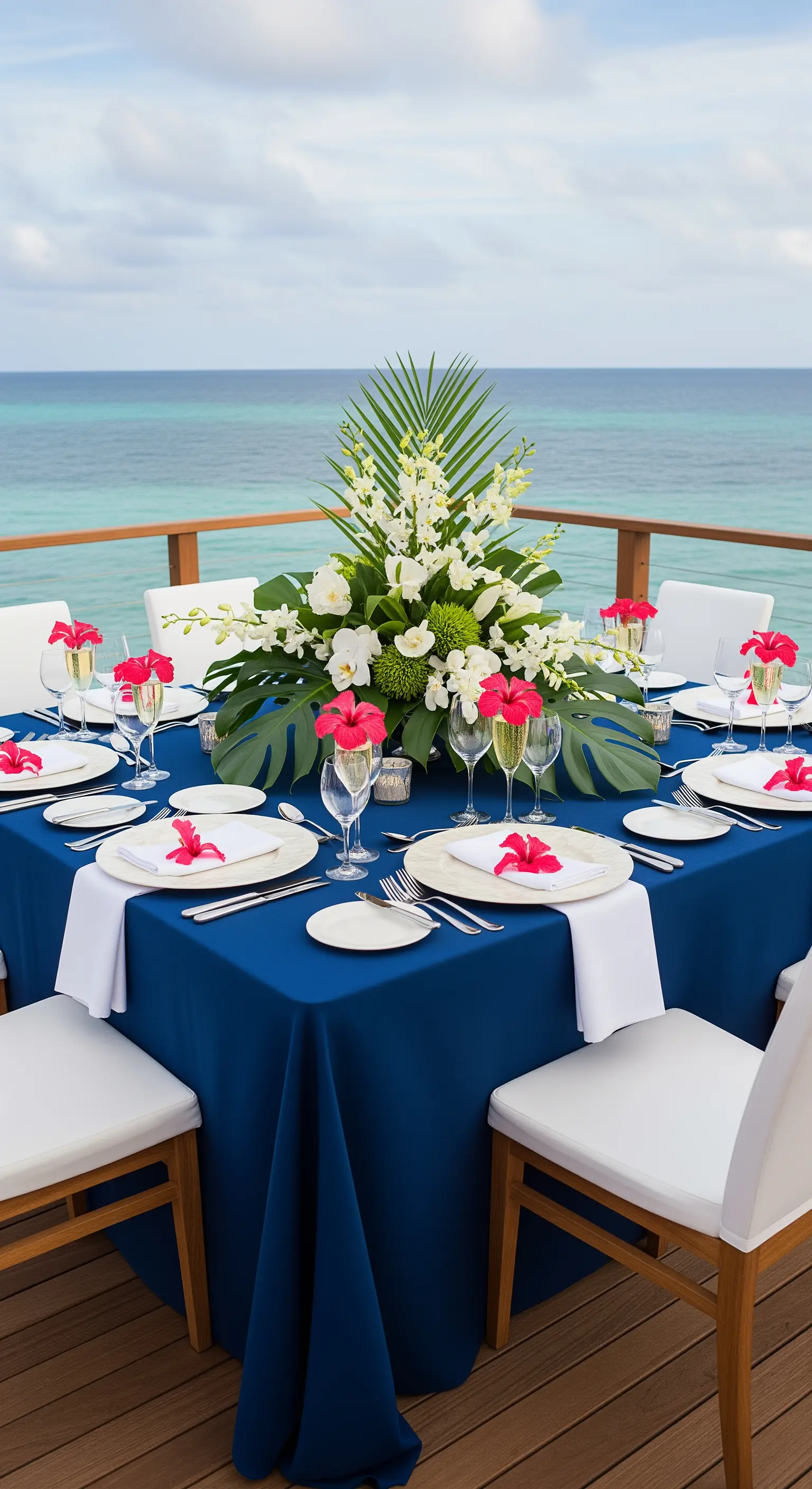 Tavola formale con tovaglia blu royal, sedie bianche e un grande centrotavola floreale.