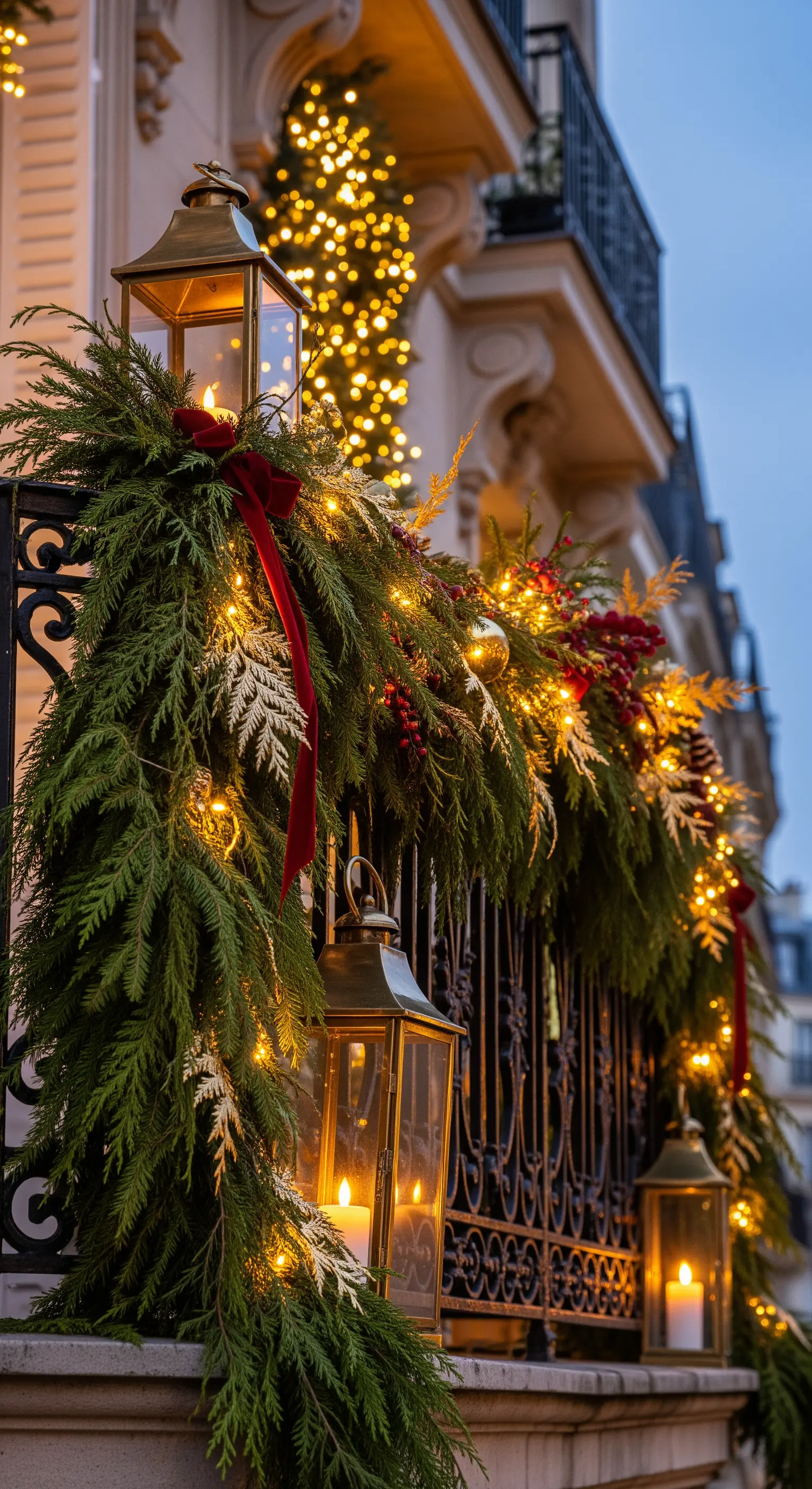 Ringhiera in ferro battuto decorata con una folta ghirlanda di pino, luci calde e lanterne d'ottone