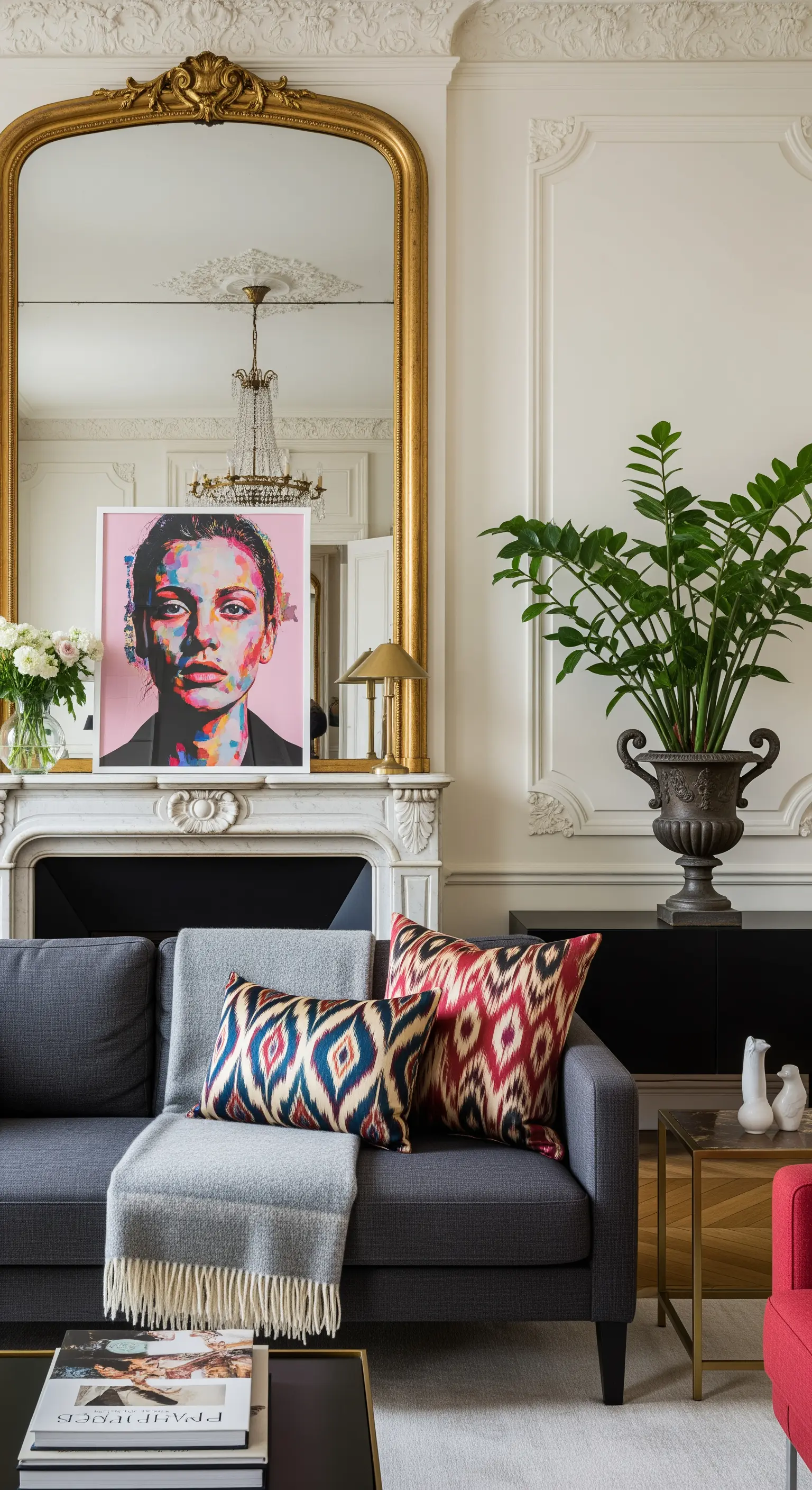 Interno parigino con camino, specchio dorato, divano moderno grigio e un ritratto pop art.
