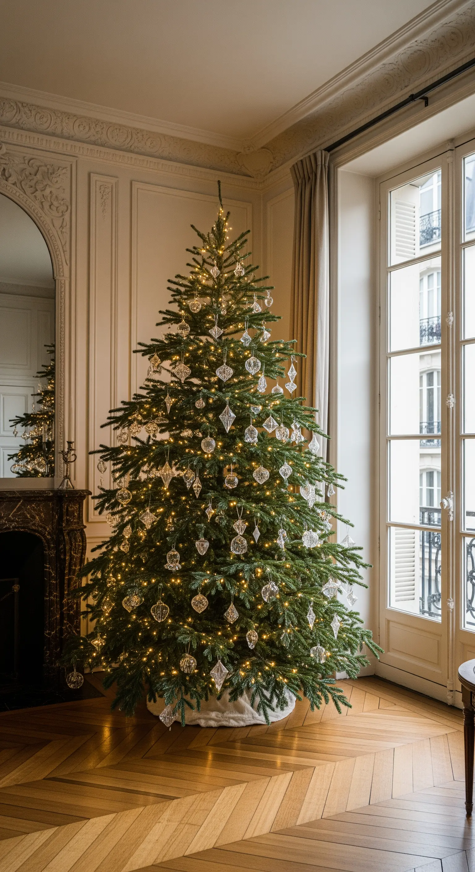 Grande albero di Natale in un salone classico, ricoperto di ornamenti in cristallo e luci calde