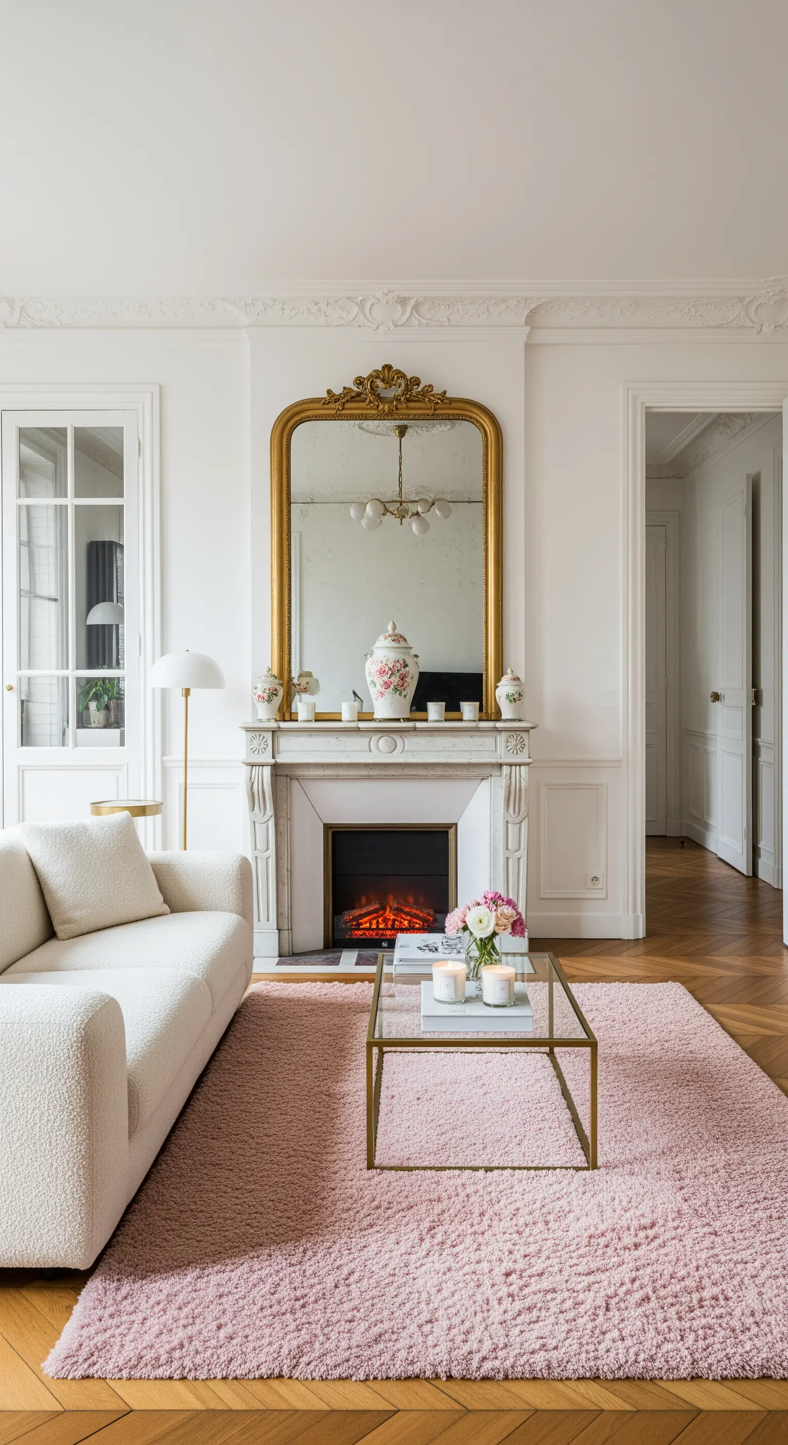 Soggiorno parigino con camino in marmo, specchio dorato e tappeto rosa.