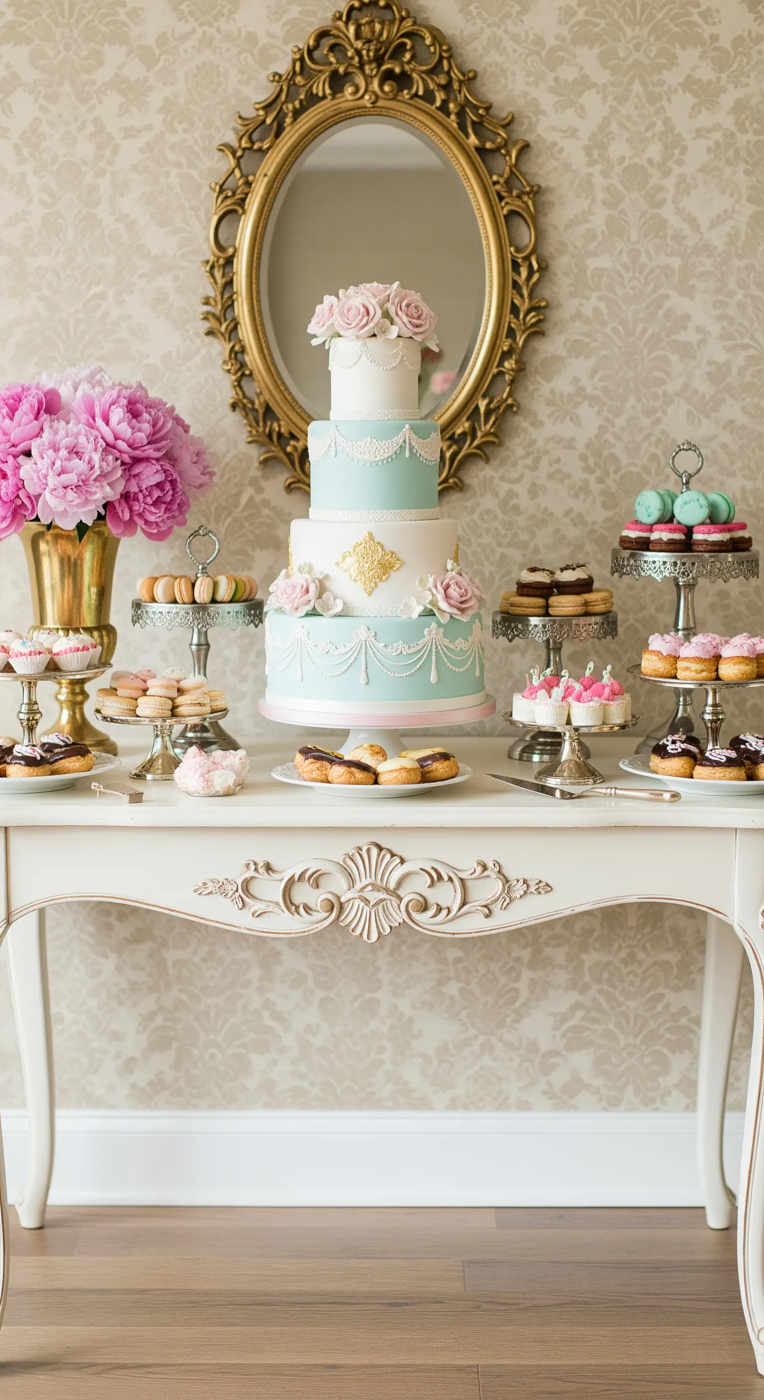 Sweet table in stile parigino con consolle bianca, specchio dorato e torta azzurra.