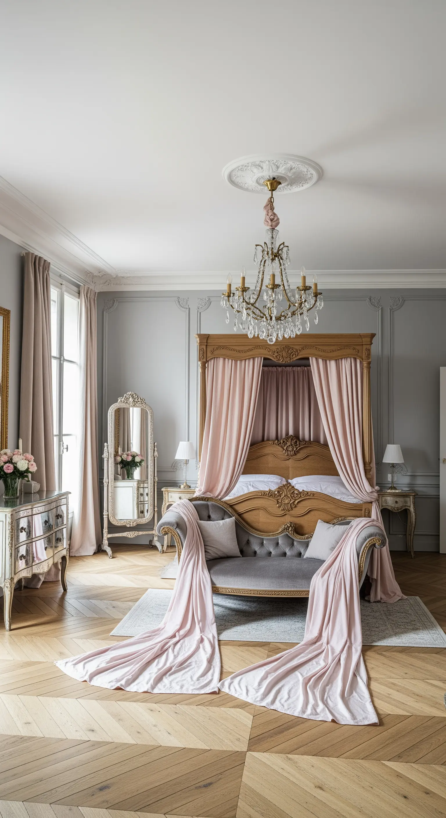 Letto a baldacchino in legno intagliato con drappeggi rosa cipria in una camera da letto grigia.