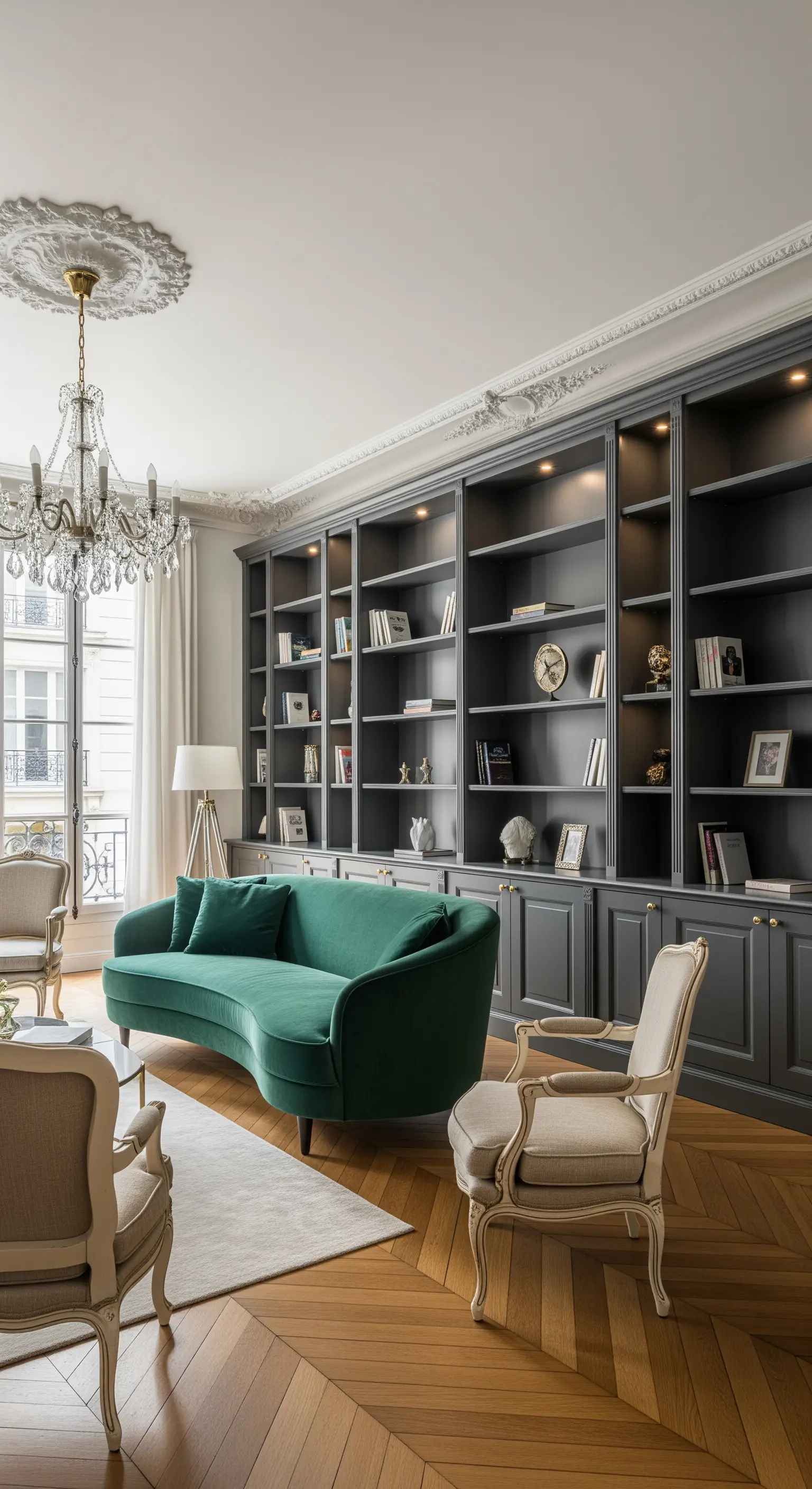 Salotto parigino con libreria grigio scuro e divano curvo in velluto verde.