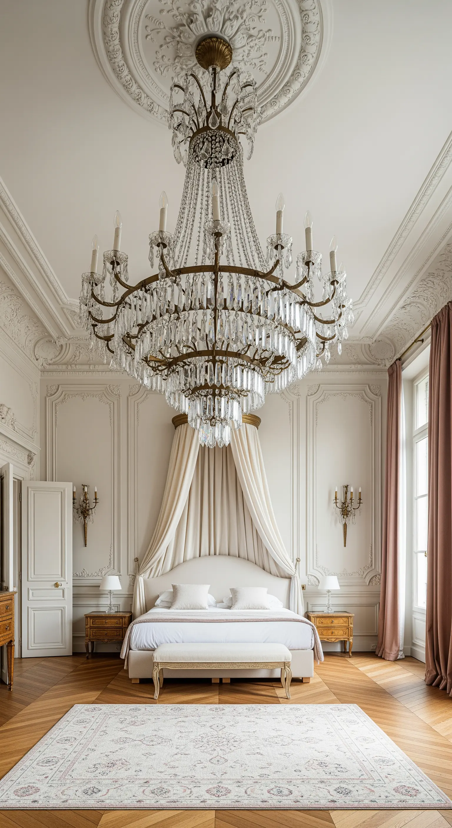 Camera da letto parigina con soffitto a cassettoni e un imponente lampadario di cristallo.