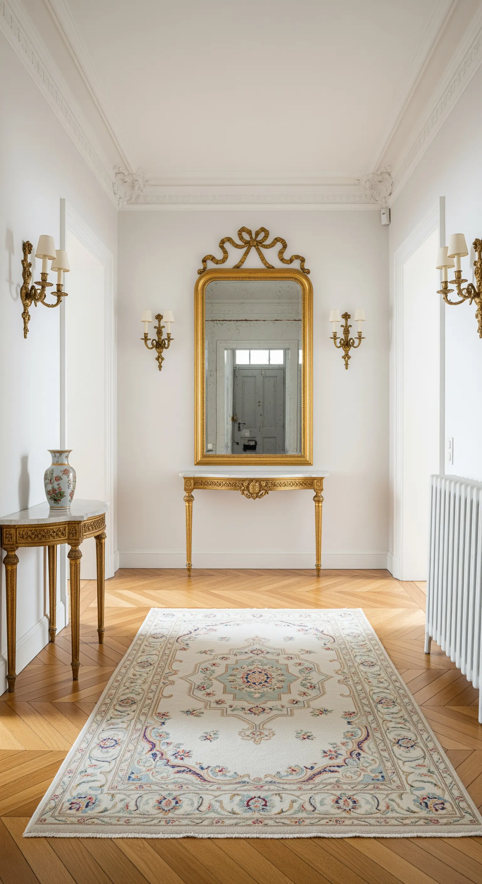 Corridoio parigino con pavimento a spina di pesce, consolle dorata e specchio Luigi XVI.