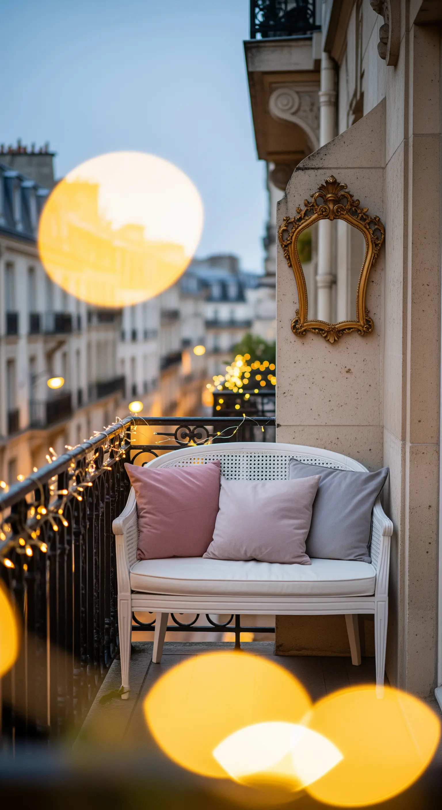 Balcone parigino con panchina bianca, specchio vintage dorato e luci calde.