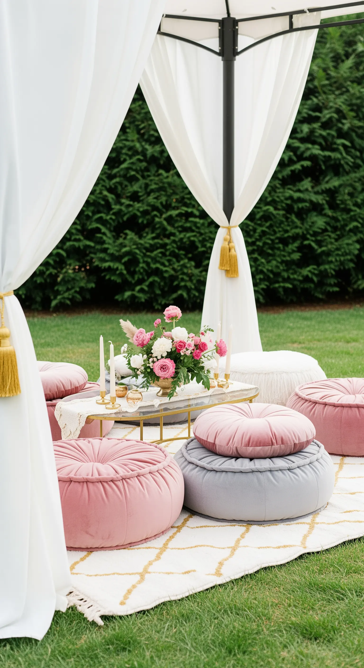 Allestimento picnic con pouf in velluto rosa e grigio, tavolino dorato e fiori.