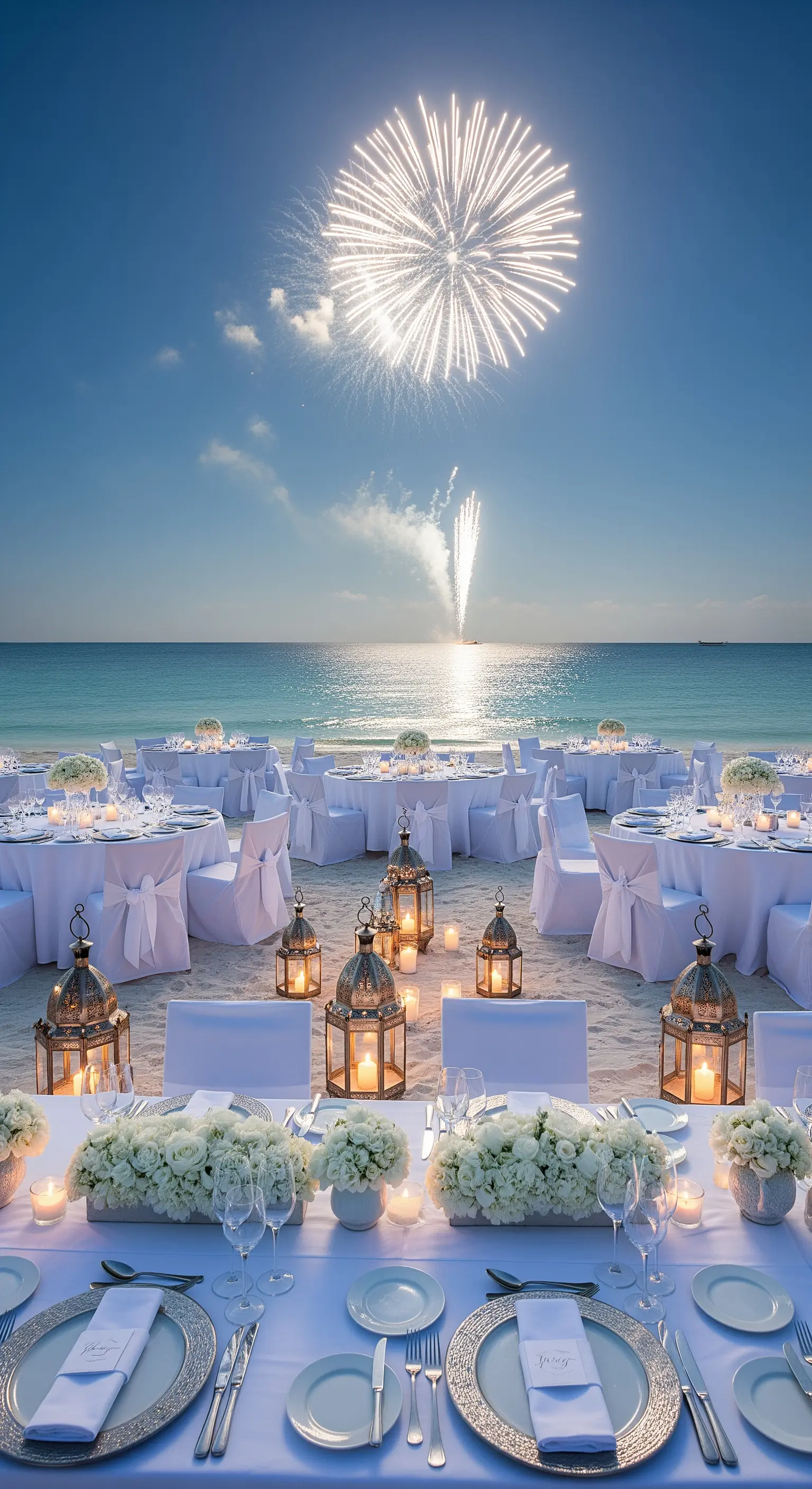 Ricevimento di matrimonio sulla spiaggia con allestimento total white e lanterne marocchine a terra