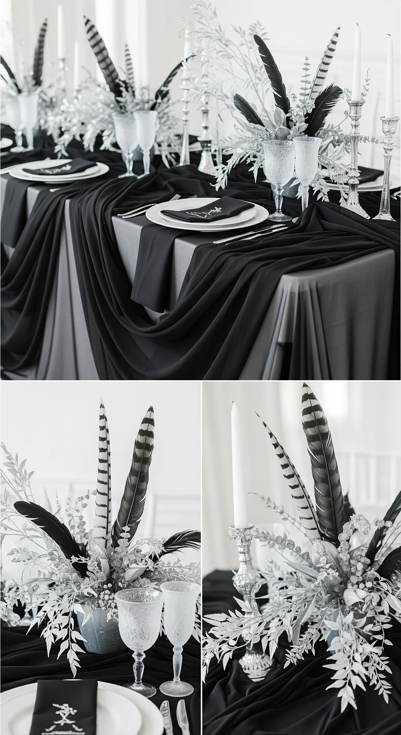 Composizione floreale con rami argentati e piume nere per un centrotavola di Capodanno.