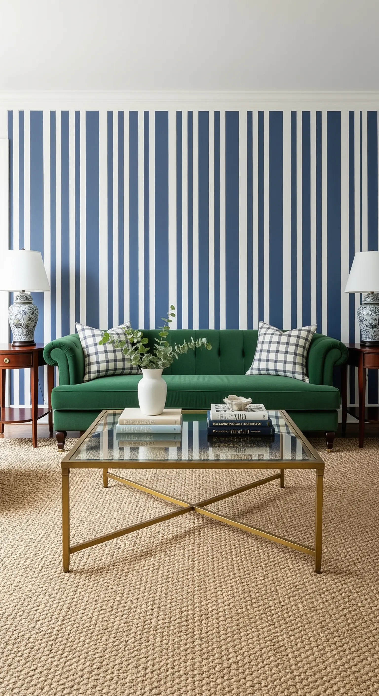Divano Chesterfield verde davanti a una parete a righe blu e bianche, con tavolino in vetro e ottone.
