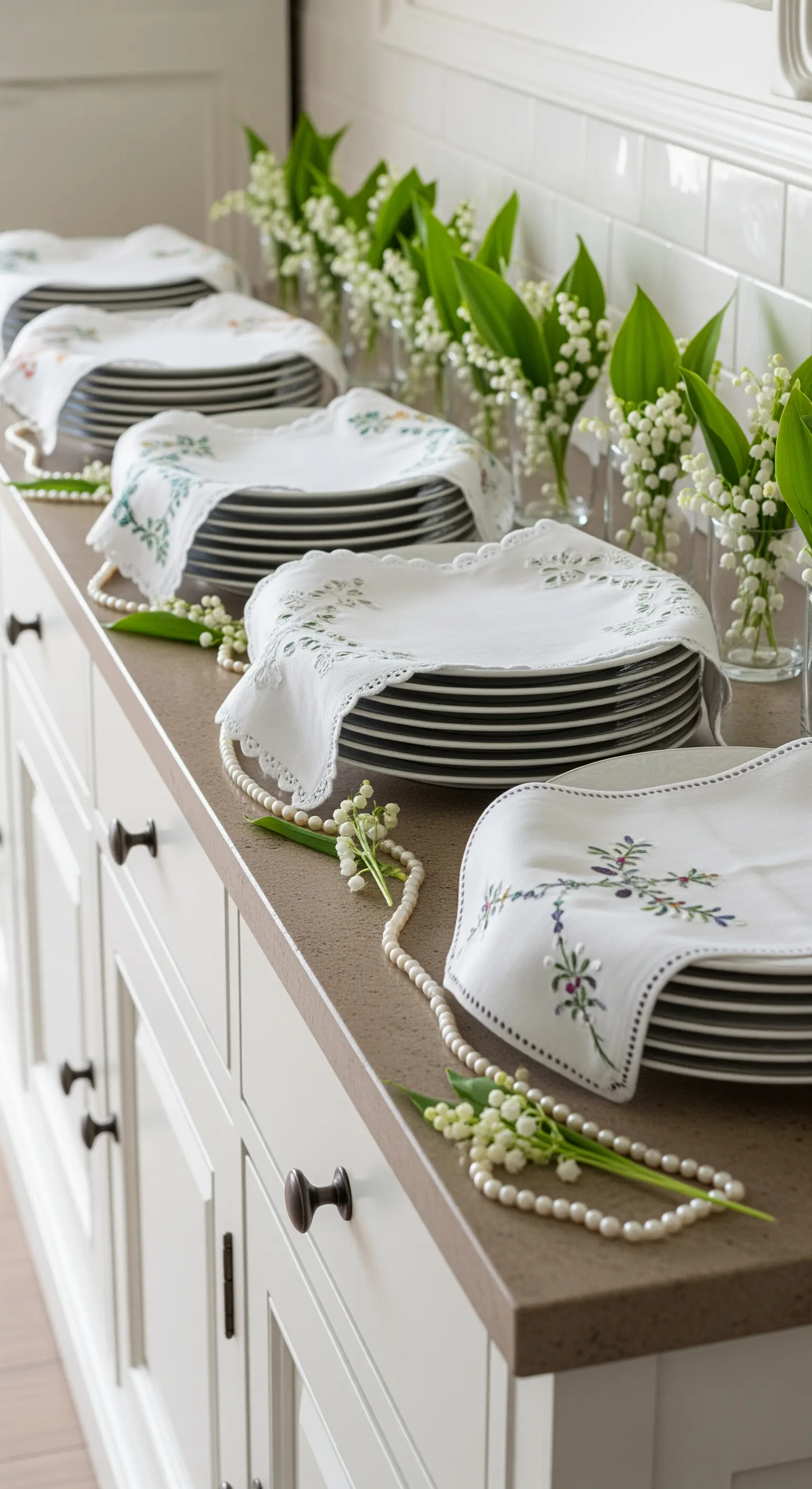 Pile di piatti bianchi alternate a centrini ricamati, decorate con mughetti e perle su un bancone.