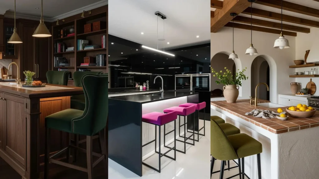 Panoramica di tre eleganti cucine con penisole illuminate e sgabelli di design in velluto, tra stili moderni e classici.