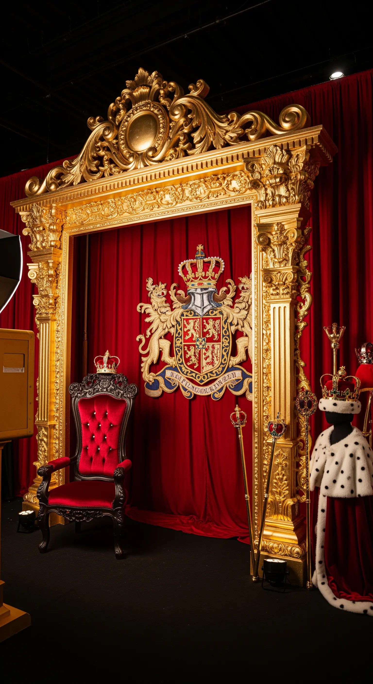 Photo booth a tema reale con trono, tenda di velluto rosso e una maestosa cornice dorata.